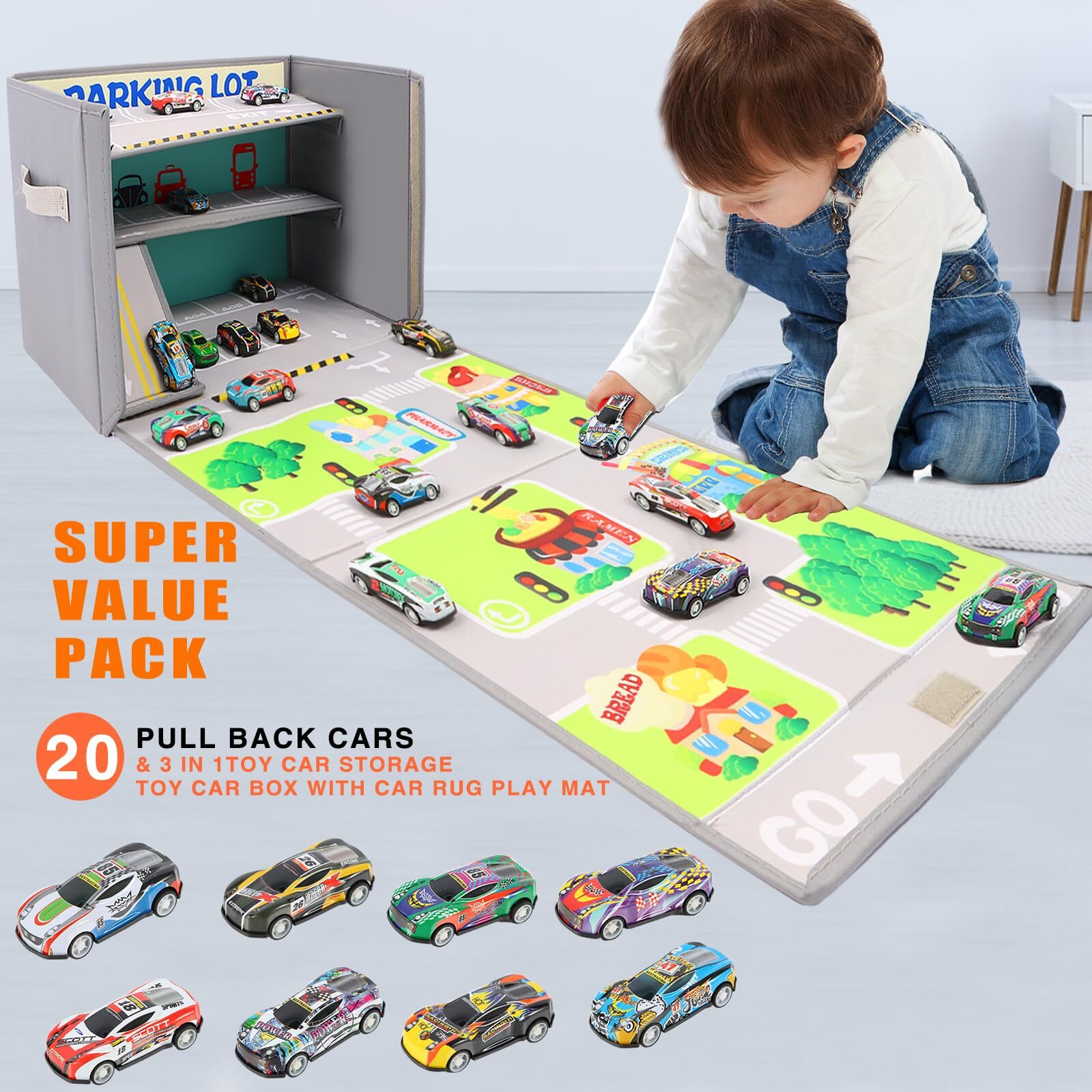 Ehenoy Toy Car Garage Box With Car Rug Play Mat Portable Kids Toy Storage Organizer For Playroom, Bedroom, Living Room Area Nursery Storage Bins For Boys And Girls