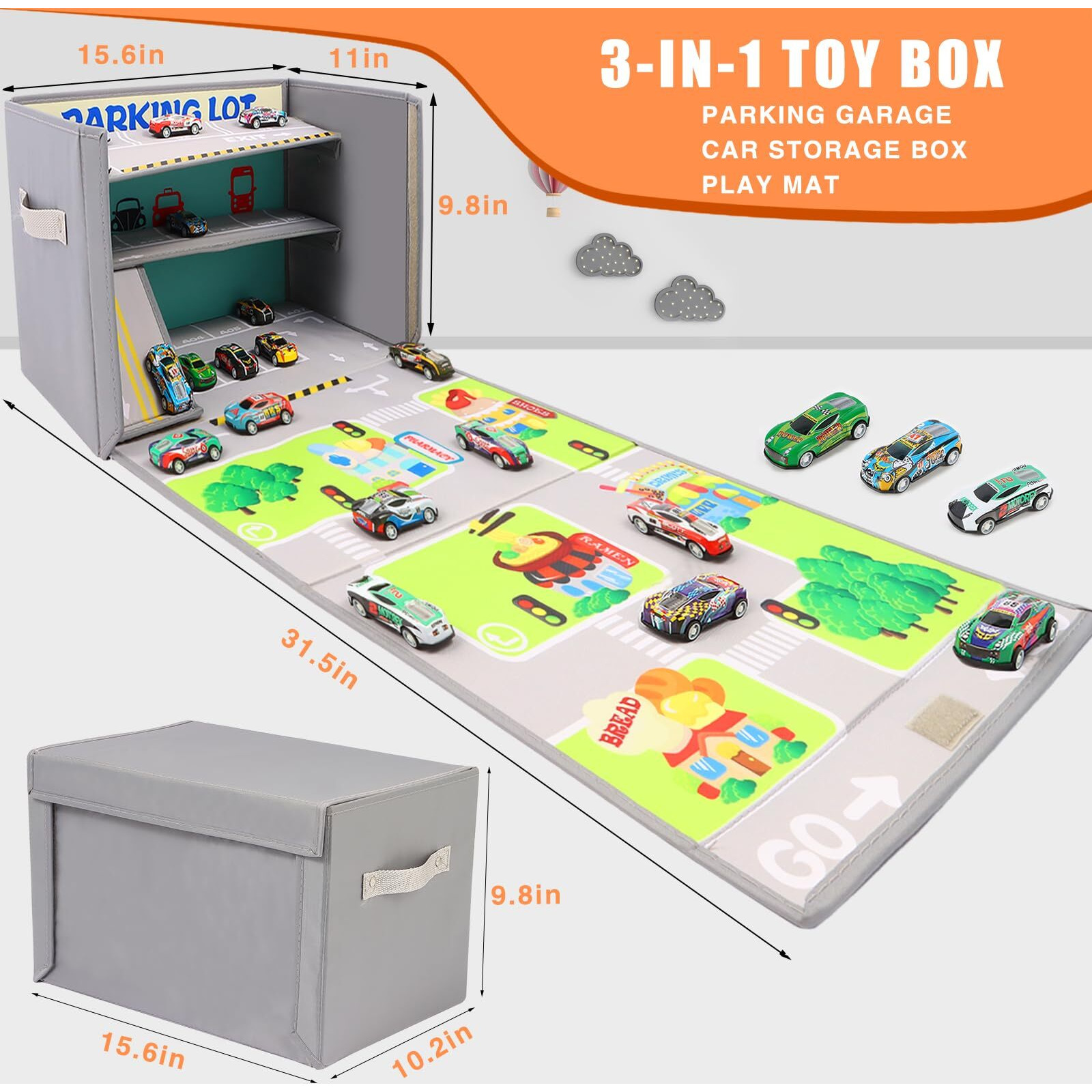 Ehenoy Toy Car Garage Box With Car Rug Play Mat Portable Kids Toy Storage Organizer For Playroom, Bedroom, Living Room Area Nursery Storage Bins For Boys And Girls