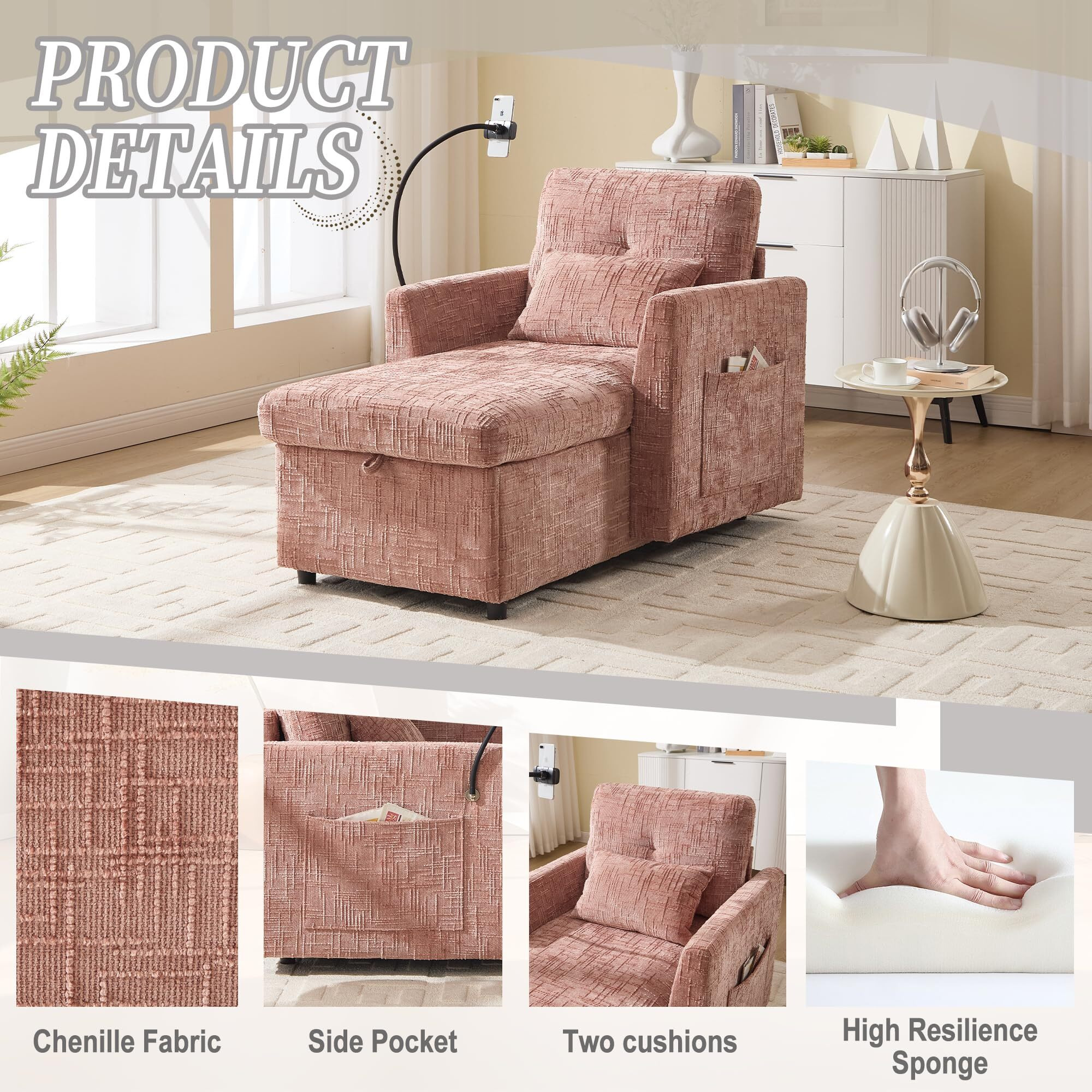 32 Inch Chaise Lounge Accent Chair With Storage , Comfy Chenille Upholstered Sleeper Chair Bed Modern Deep Seat Leisure Recliner Lounger Daybed W/ Phone Holder And Side Pockets For Living Room Office