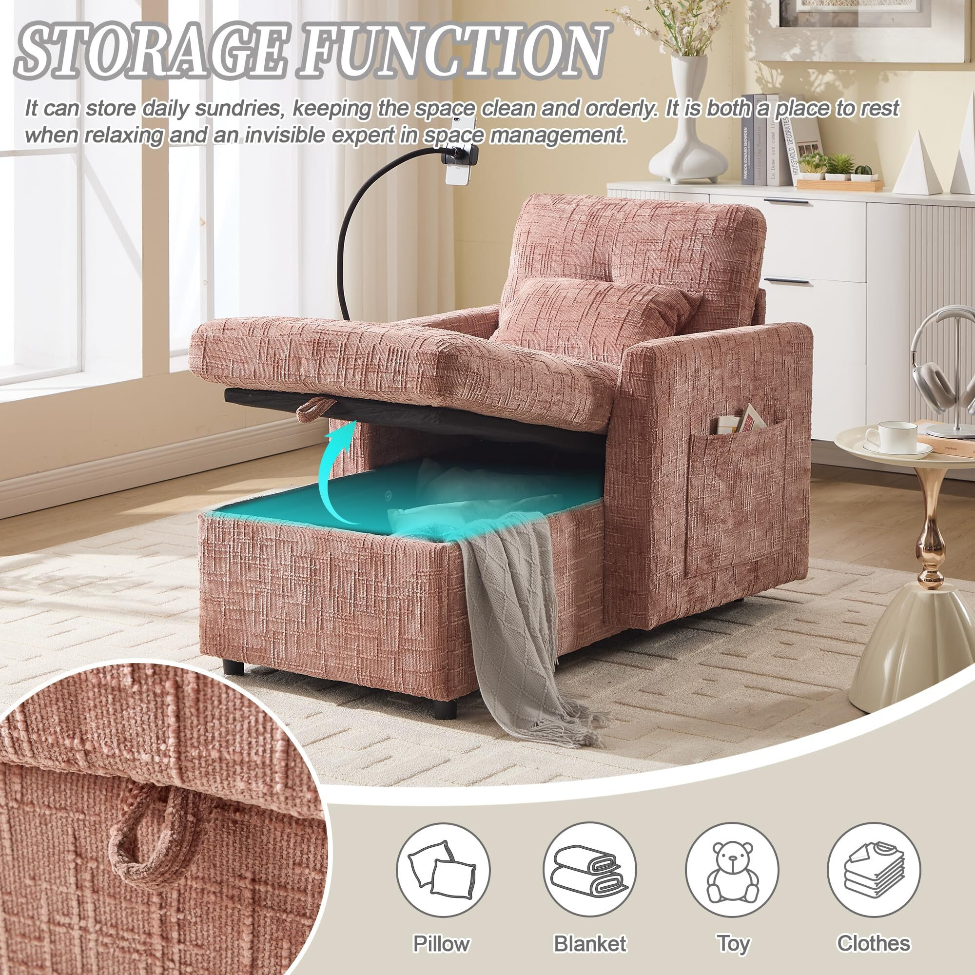 32 Inch Chaise Lounge Accent Chair With Storage , Comfy Chenille Upholstered Sleeper Chair Bed Modern Deep Seat Leisure Recliner Lounger Daybed W/ Phone Holder And Side Pockets For Living Room Office