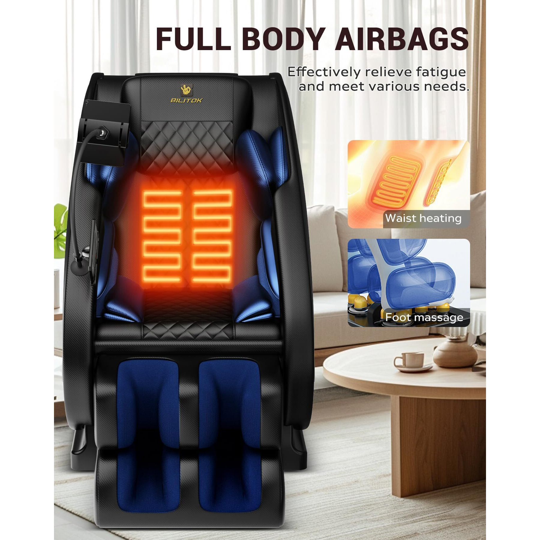 Bilitok Zero Gravity Full Body Massage Chair Recliner With Heat Therapy, Bluetooth Speaker, Air Compression Massage, Foot Roller, Touch Screen, Space-Saving Design, Faux Leather (White)