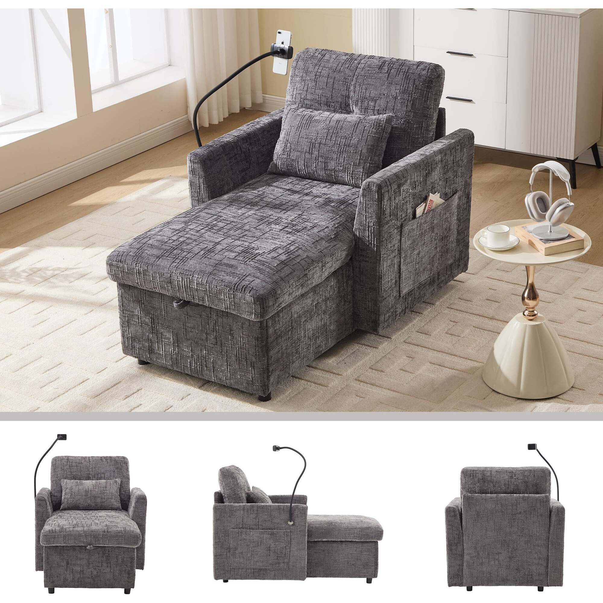 32 Inch Chaise Lounge Accent Chair With Storage, Comfy Chenille Upholstered Sleeper Chair Bed Modern Deep Seat Leisure Recliner Lounger Daybed W/Phone Holder And Side Pockets For Living Room Office