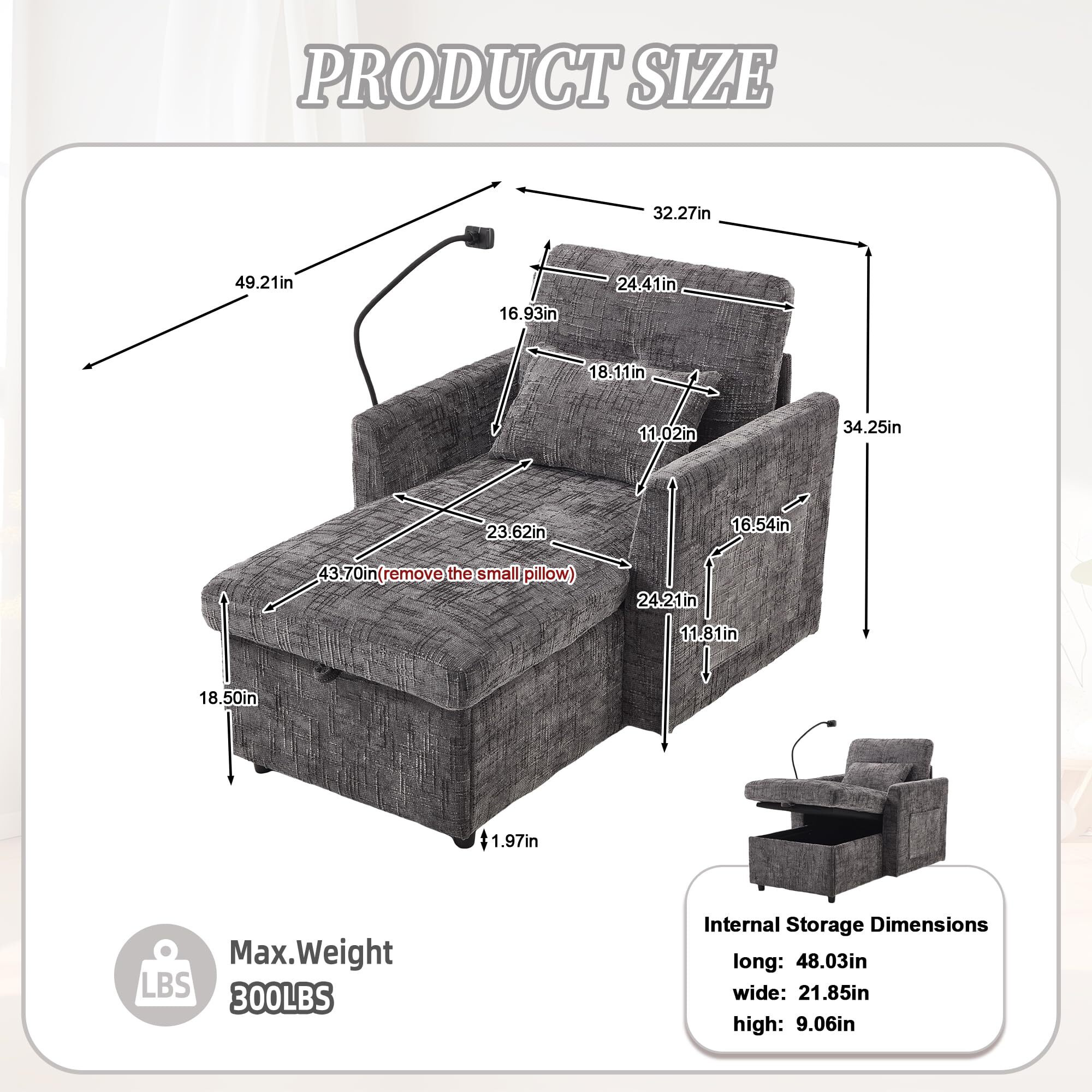 32 Inch Chaise Lounge Accent Chair With Storage, Comfy Chenille Upholstered Sleeper Chair Bed Modern Deep Seat Leisure Recliner Lounger Daybed W/Phone Holder And Side Pockets For Living Room Office