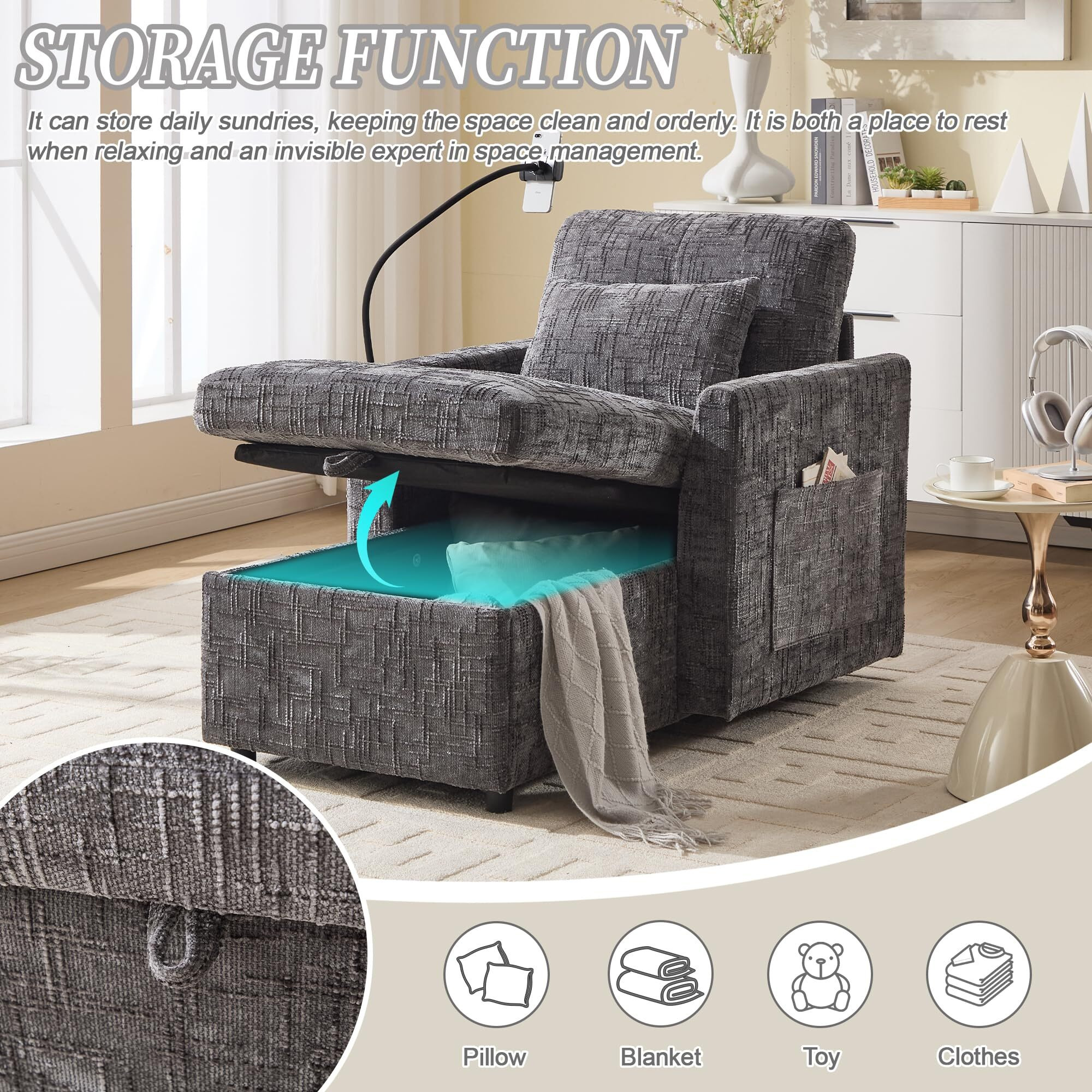 32 Inch Chaise Lounge Accent Chair With Storage, Comfy Chenille Upholstered Sleeper Chair Bed Modern Deep Seat Leisure Recliner Lounger Daybed W/Phone Holder And Side Pockets For Living Room Office
