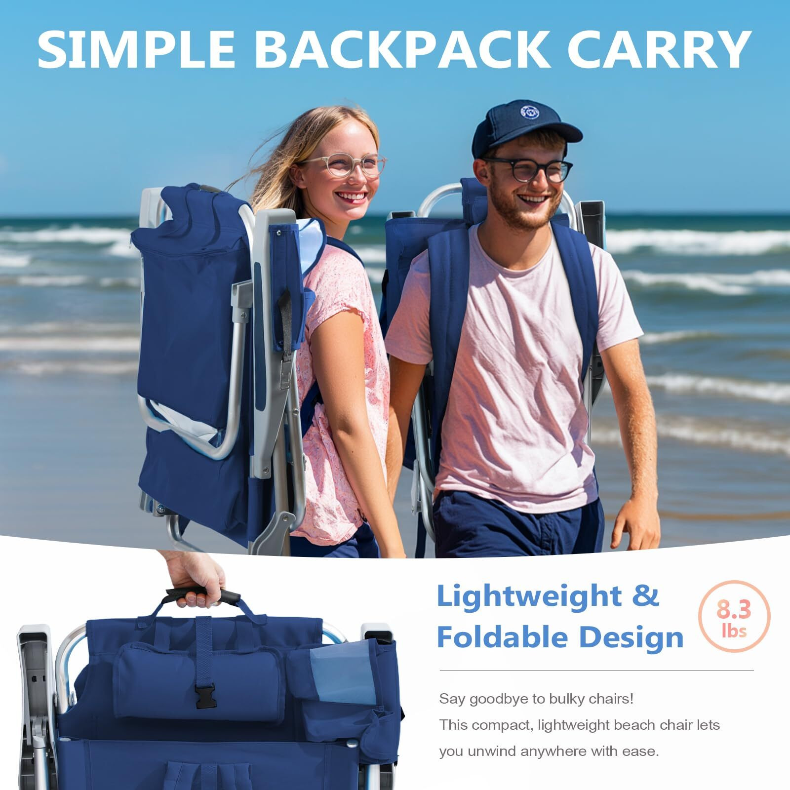 5-Position Aluminum Lay Flat Backpack Beach Chair, Compact Portable Low Beach Chairs For Adults With Cooler Pouch, Storage Pouch, Towel Bar, Cup Holder & Phone Holder, Navy
