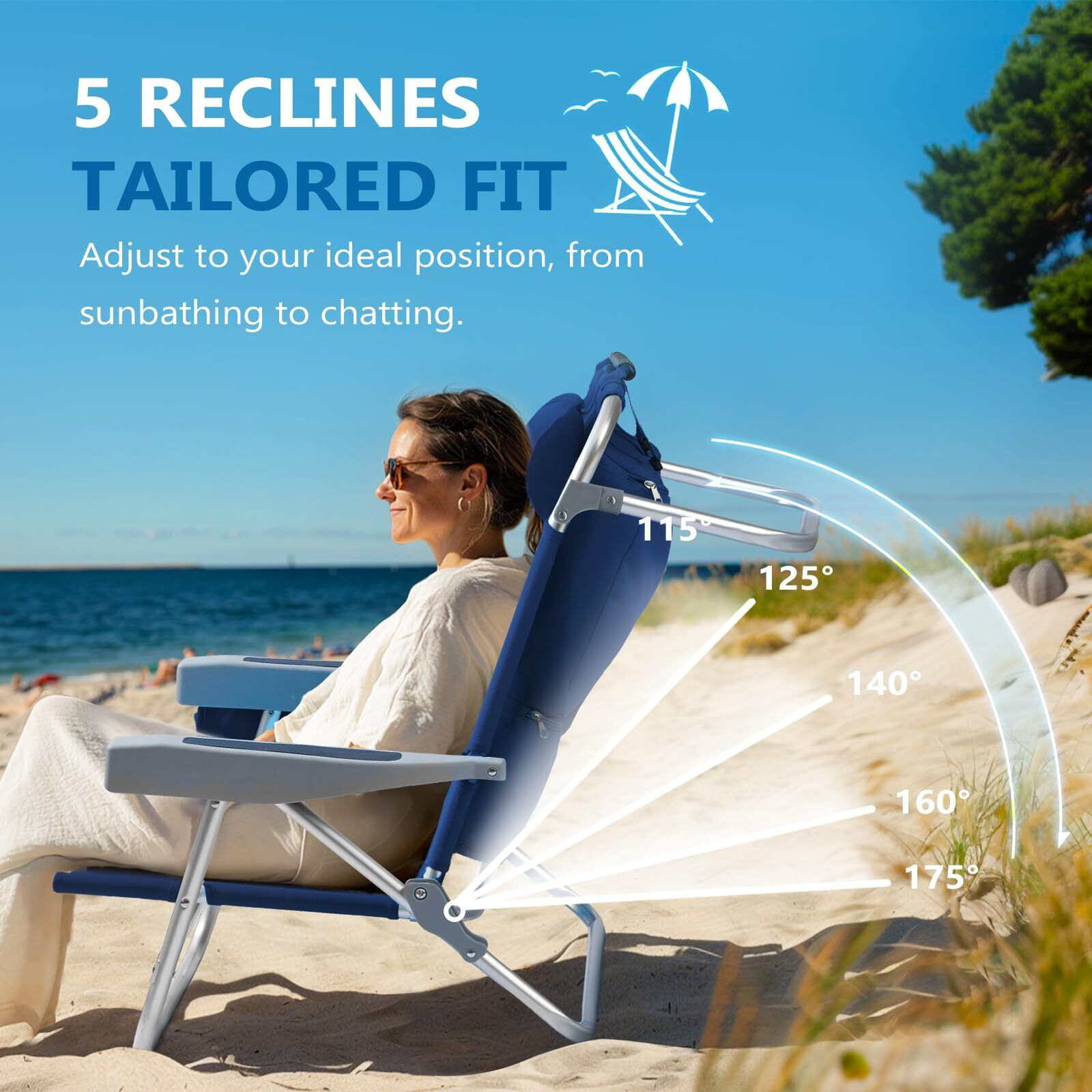 5-Position Aluminum Lay Flat Backpack Beach Chair, Compact Portable Low Beach Chairs For Adults With Cooler Pouch, Storage Pouch, Towel Bar, Cup Holder & Phone Holder, Navy