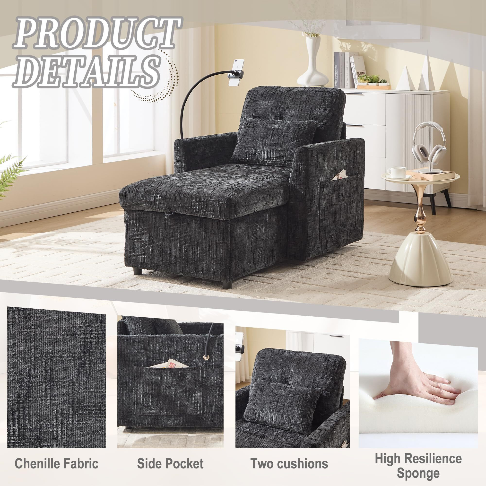 32 Inch Chaise Lounge Accent Chair With Storage , Comfy Chenille Upholstered Sleeper Chair Bed Modern Deep Seat Leisure Recliner Lounger Daybed W/ Phone Holder And Side Pockets For Living Room Office