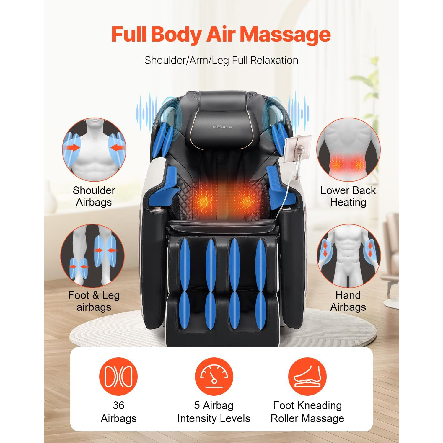 Vevor Full Body Massage Chair, 3D Zero Gravity Recliner With Sl Track, 18 Auto Modes, Heat, Foot Rollers, Armrest Control, Lcd Display, 36 Airbags, Retractable Footrest