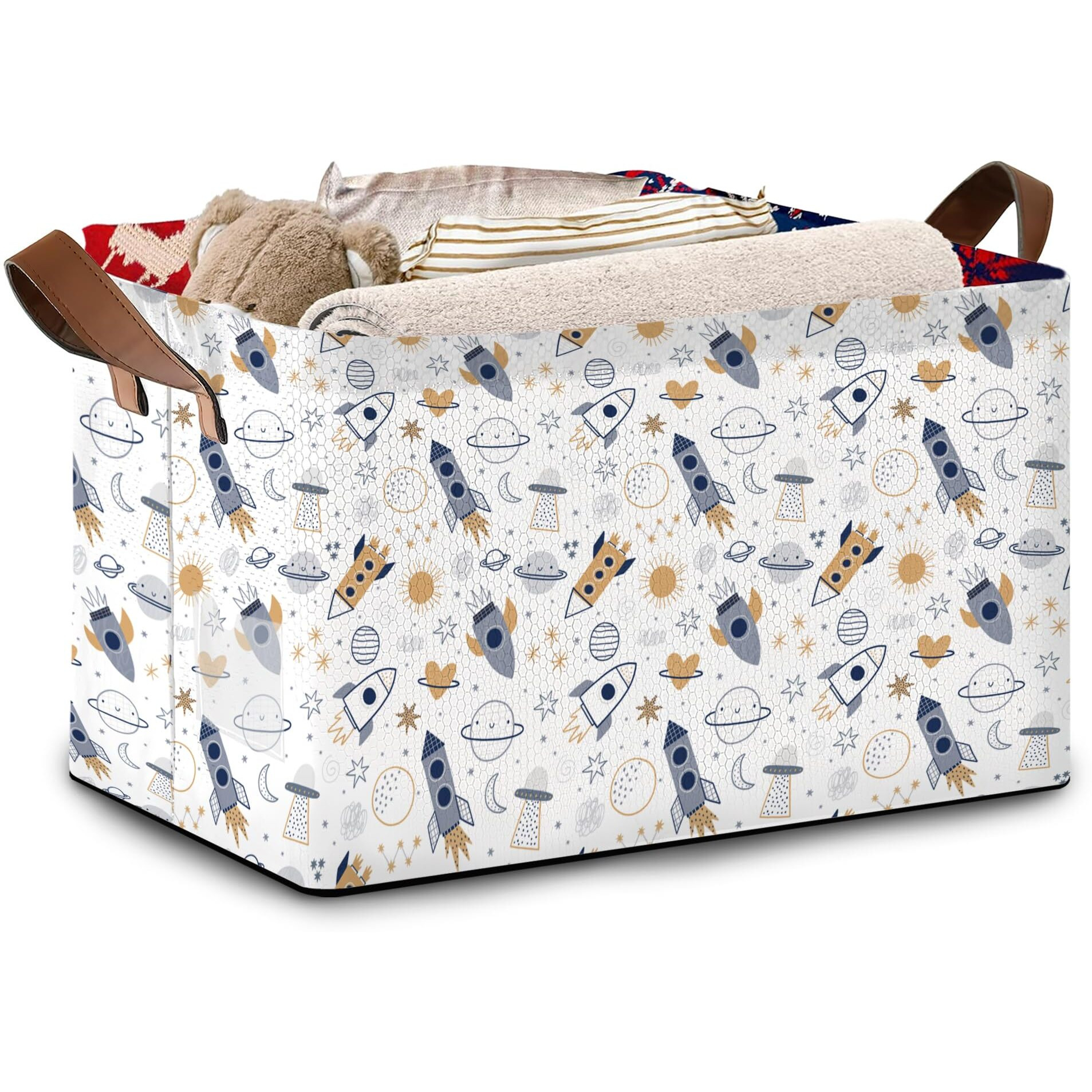Cosmic Explorer Storage Basket Large 17X11.5X10.5 Inches-Collapsible Fabric Organizer Bin With Handles For Nursery, Playroom, Astronomy Fans-Decorative Hamper With Celestial Body Patterns-Single Pack