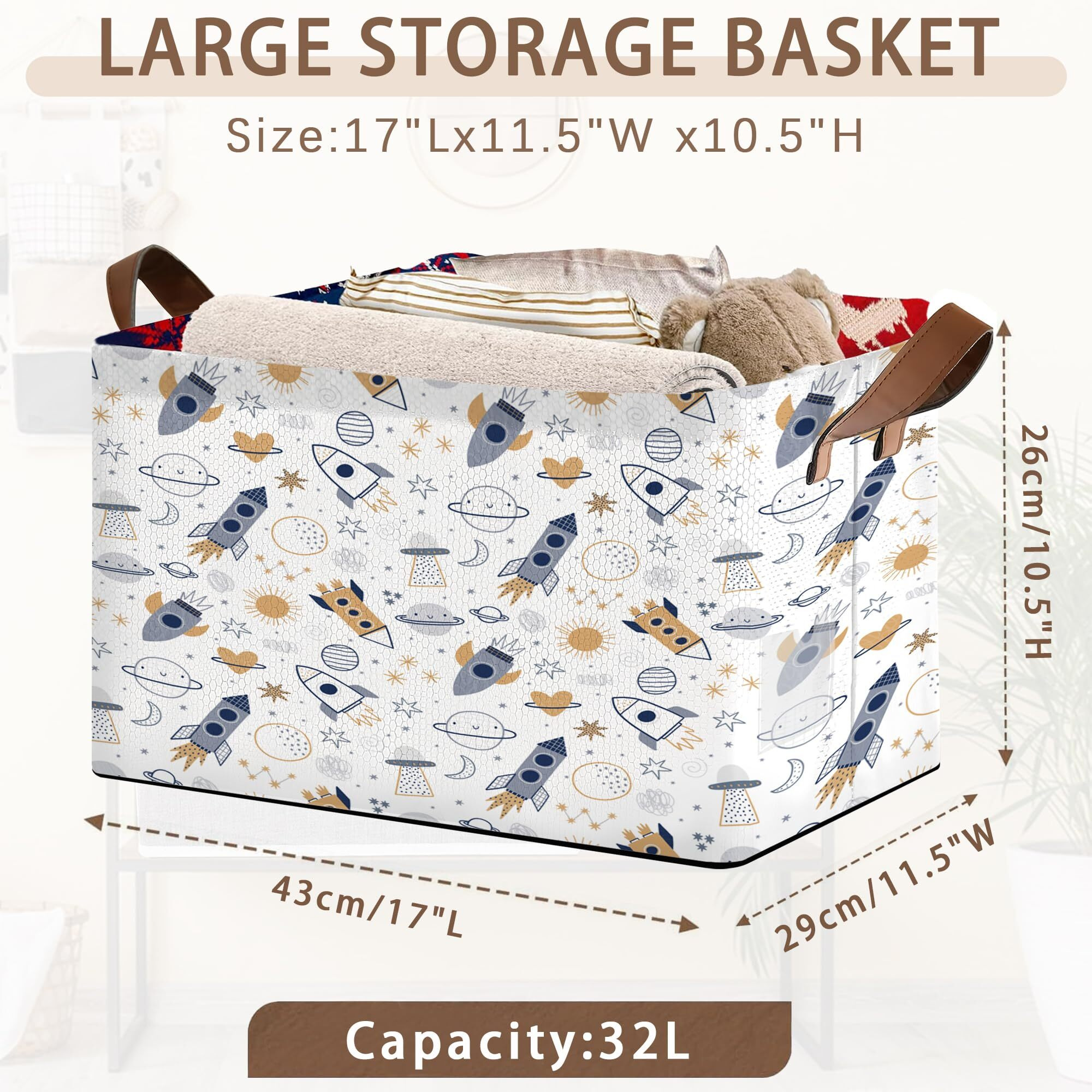 Cosmic Explorer Storage Basket Large 17X11.5X10.5 Inches-Collapsible Fabric Organizer Bin With Handles For Nursery, Playroom, Astronomy Fans-Decorative Hamper With Celestial Body Patterns-Single Pack