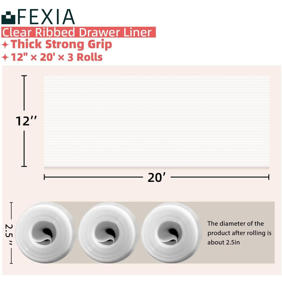 Fexia 3 Rolls Shelf Liners For Kitchen Cabinets Non-Slip Drawer Liner 12 Inches X 20 Ft Waterproof & Oil-Proof Non Adhesive Durable Material Fridge Liner For Shelves