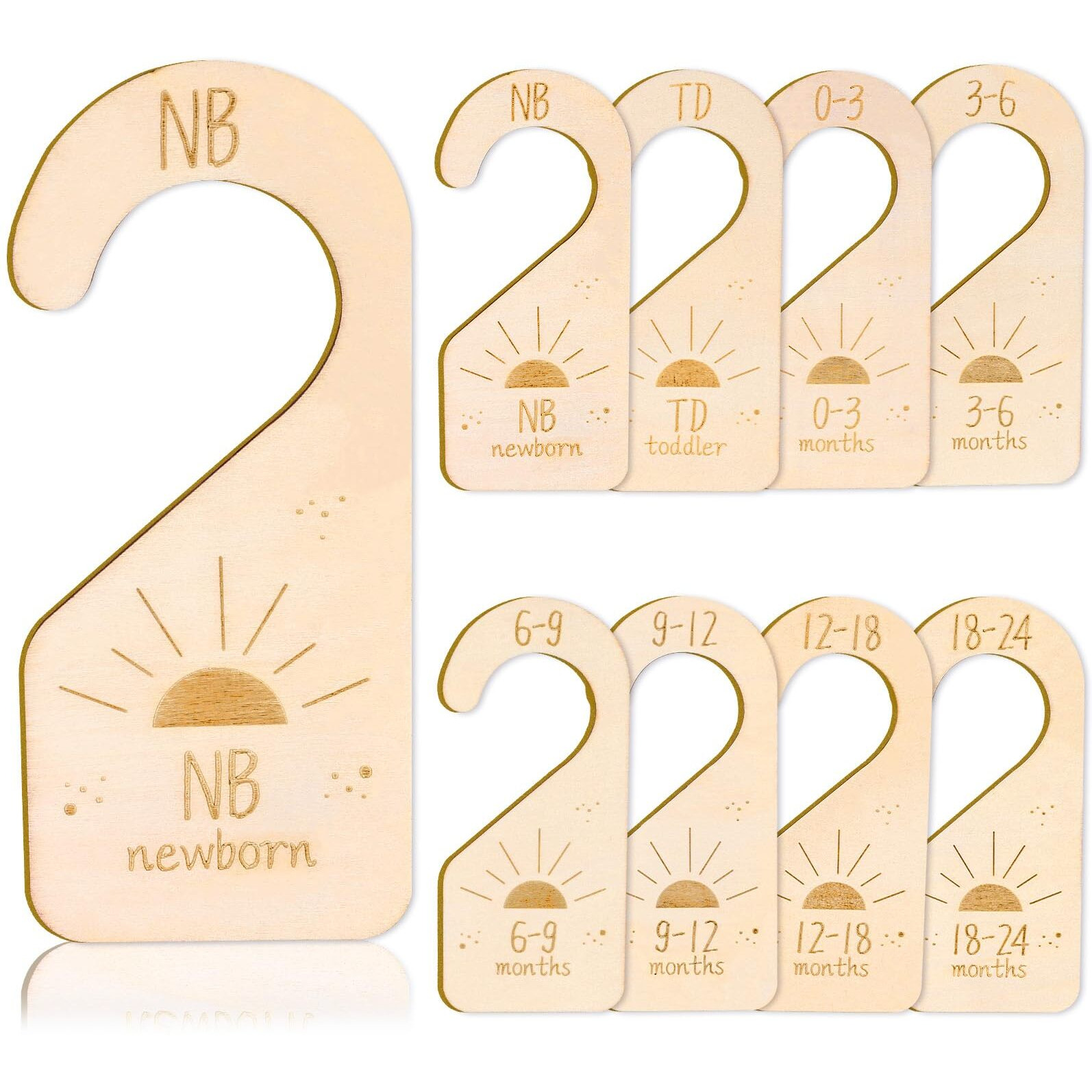 Whaline 8Pcs Baby Closet Size Dividers Wooden Baby Wardrobe Hanger Organizer Boho Sun Design Hanging Wooden Newborn To 24 Months For Home Nursery Baby Clothes Decor