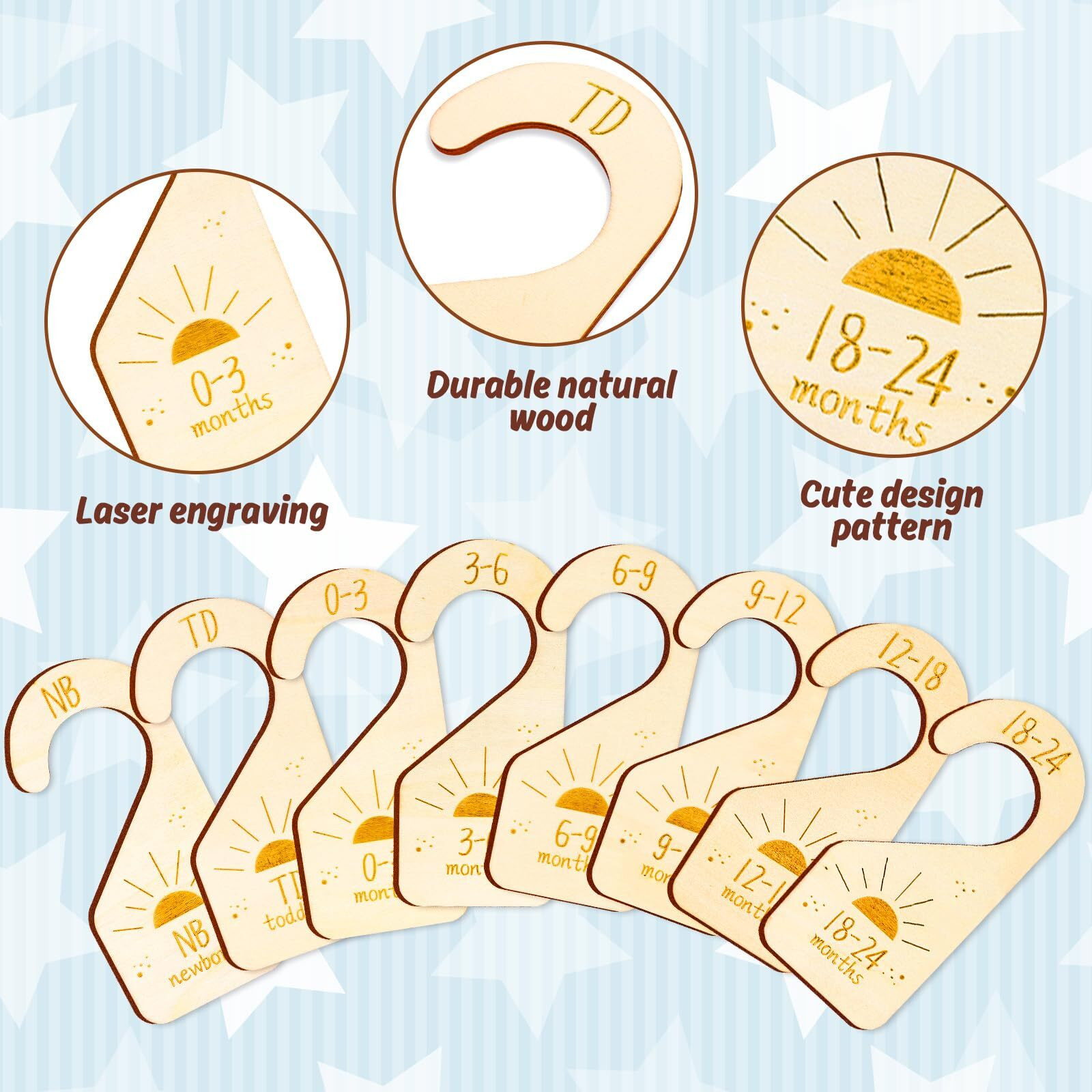 Whaline 8Pcs Baby Closet Size Dividers Wooden Baby Wardrobe Hanger Organizer Boho Sun Design Hanging Wooden Newborn To 24 Months For Home Nursery Baby Clothes Decor
