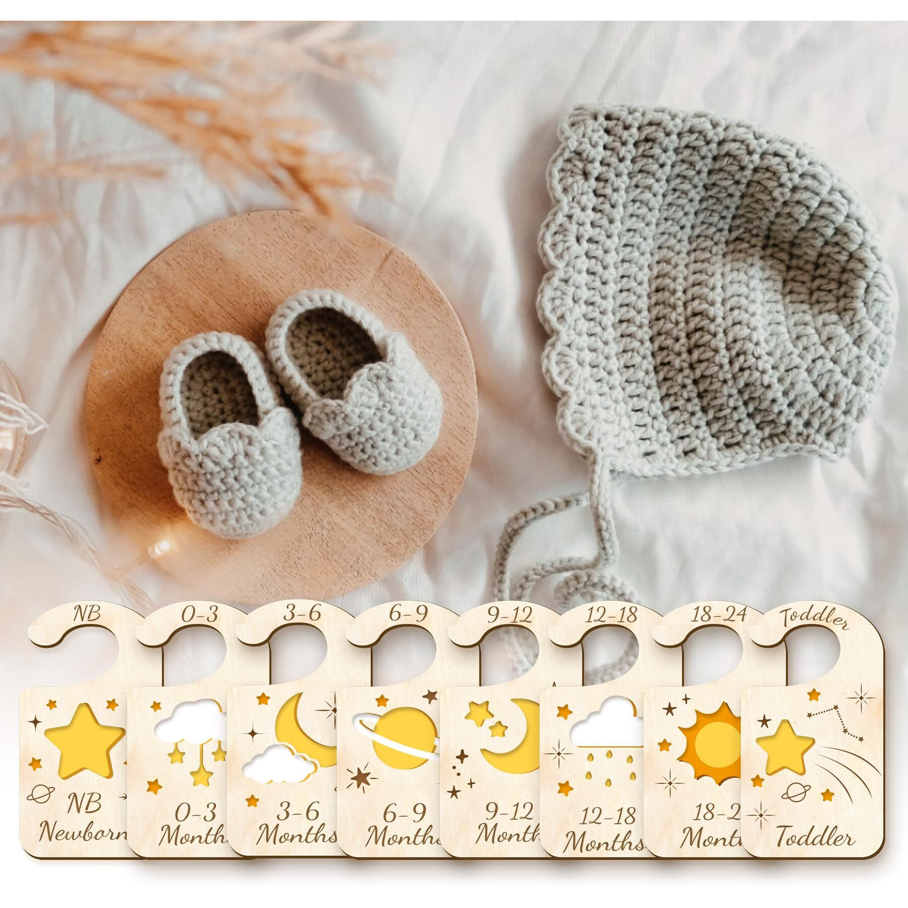 Craspire 10Pcs Wood Baby Wardrobe Dividers Moon Star Sun Nursery Decor From Newborn To 36 Month Hanger Seperaters Baby Closet Organizers Nursery Infant Wardrobe Hangers Divider For Newborn Shower