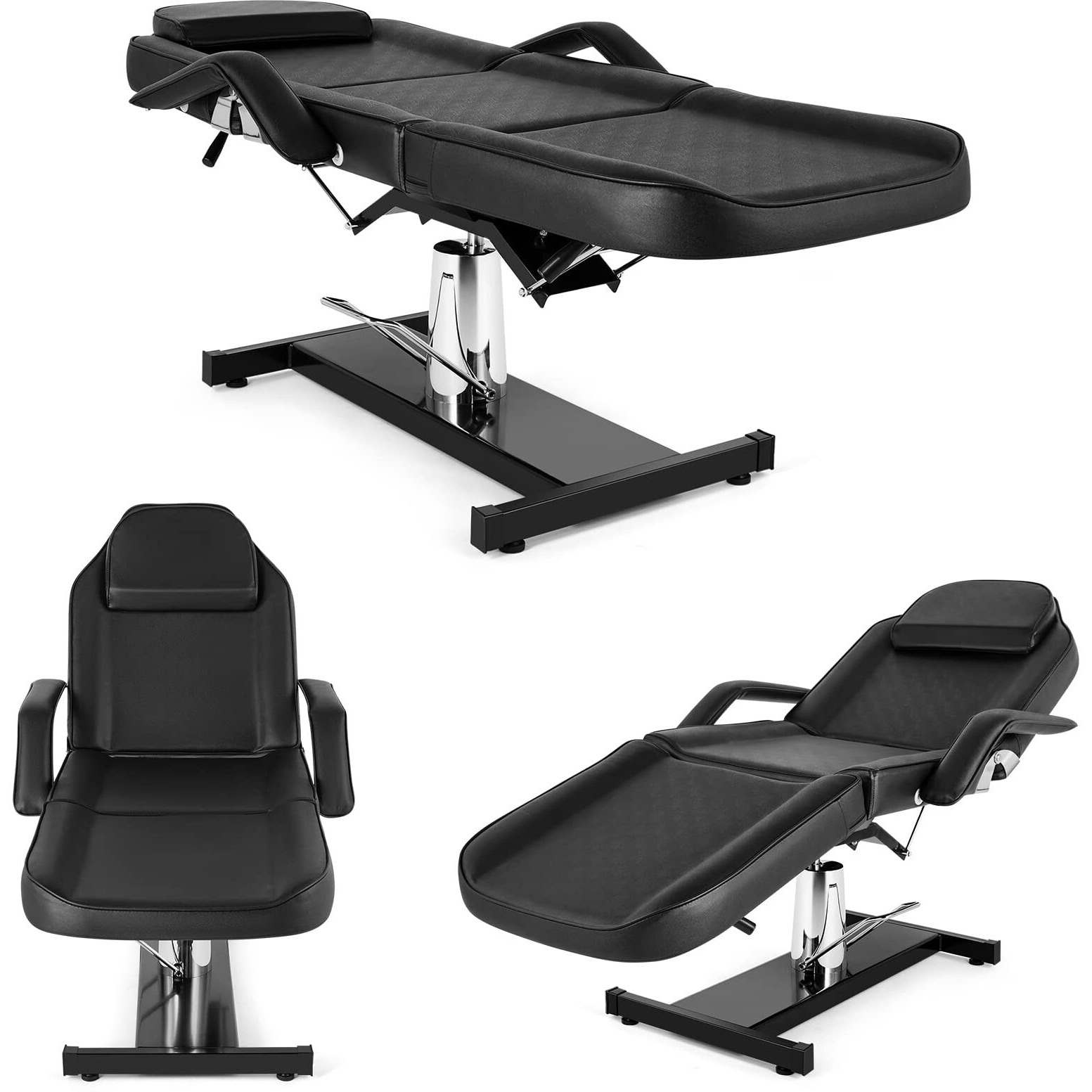Omysalon Hydraulic Tattoo Chair Esthetician Bed, Multi-Purpose 3-Section Facial Bed Table, Adjustable Beauty Salon Spa Massage Beauty Equipment, Black