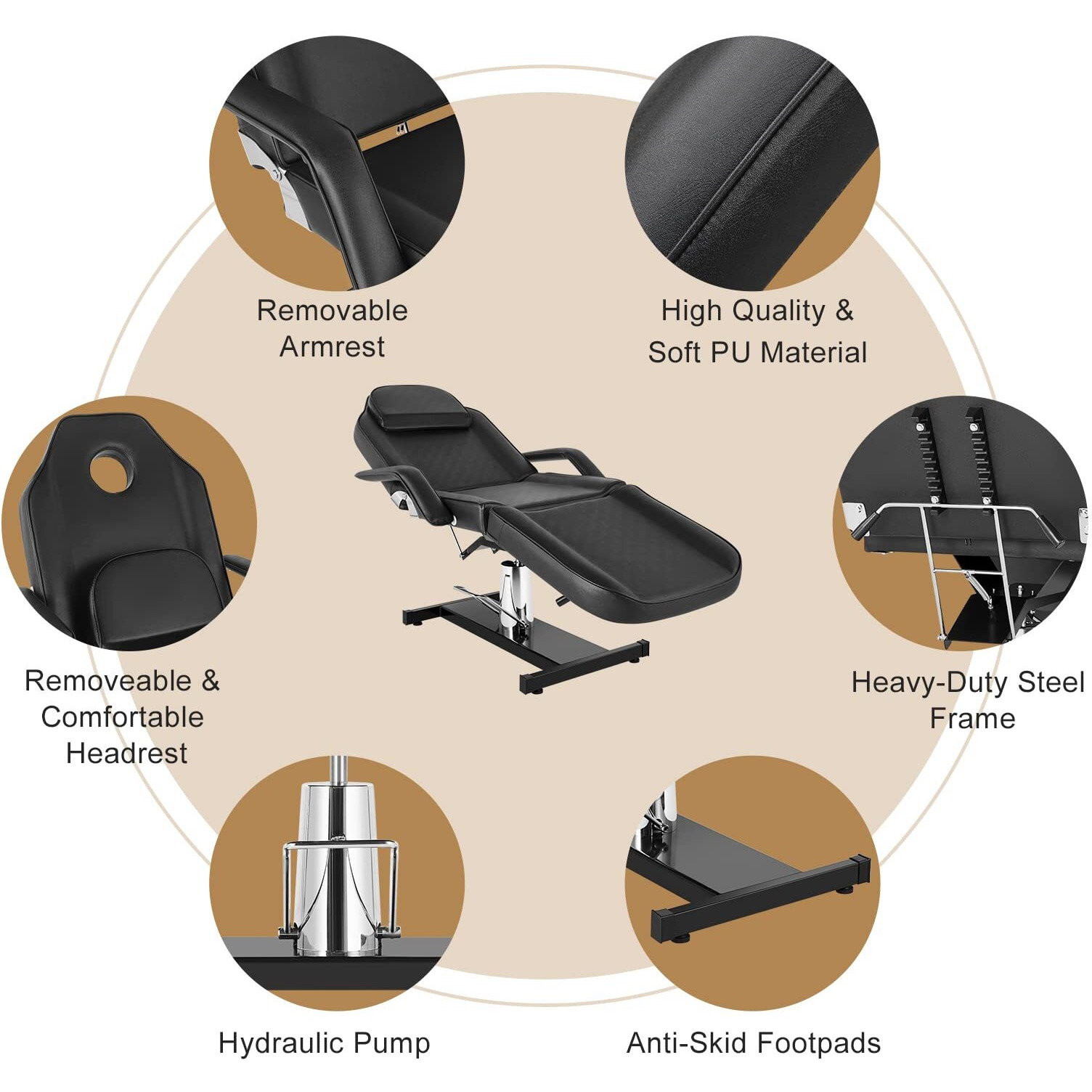 Omysalon Hydraulic Tattoo Chair Esthetician Bed, Multi-Purpose 3-Section Facial Bed Table, Adjustable Beauty Salon Spa Massage Beauty Equipment, Black