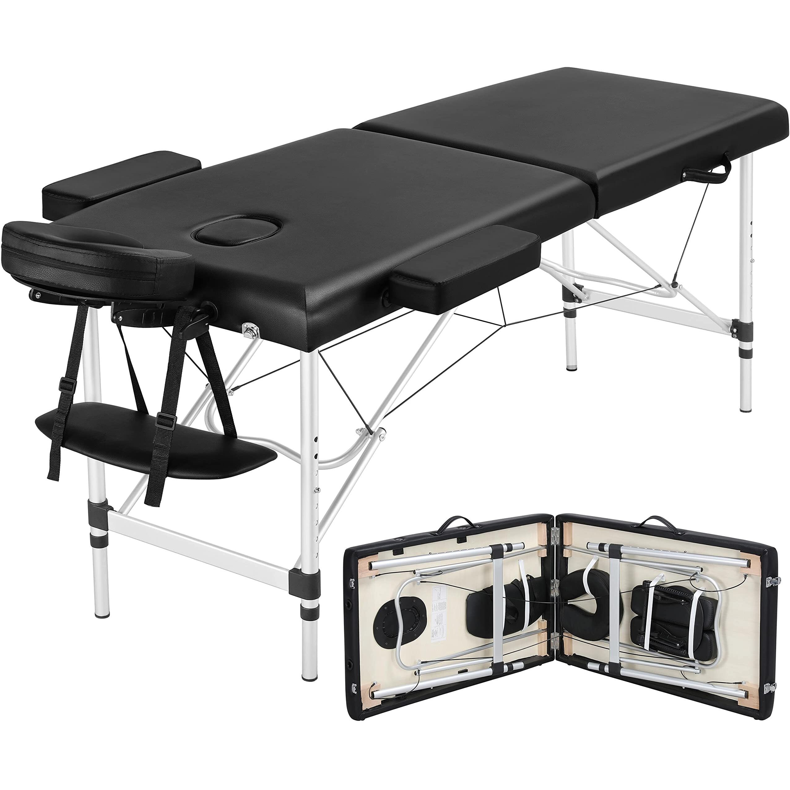 Yaheetech Massage Tables Portable Massage Bed Aluminium Height Adjustable Facial Salon Tattoo Bed With Non-Woven Bag, 24 Inch Width Black