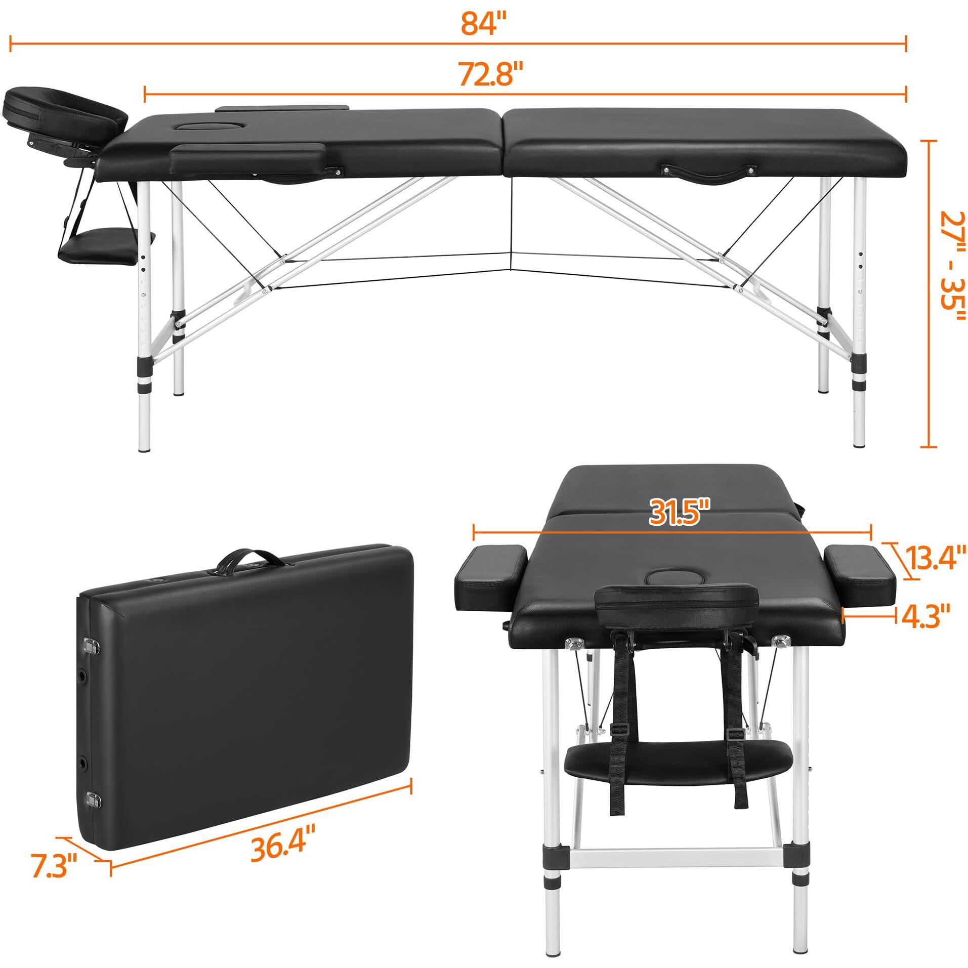 Yaheetech Massage Tables Portable Massage Bed Aluminium Height Adjustable Facial Salon Tattoo Bed With Non-Woven Bag, 24 Inch Width Black