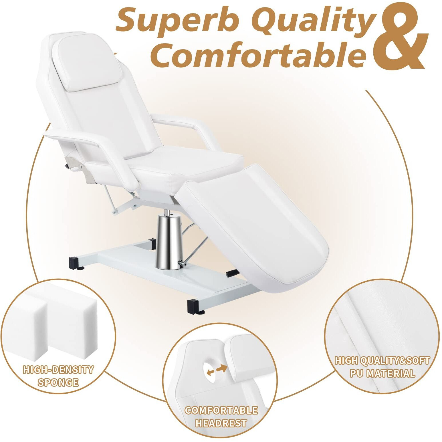 Omysalon Hydraulic Tattoo Chair Esthetician Bed, Multi-Purpose 3-Section Facial Bed Table, Adjustable Beauty Salon Spa Massage Beauty Equipment, White