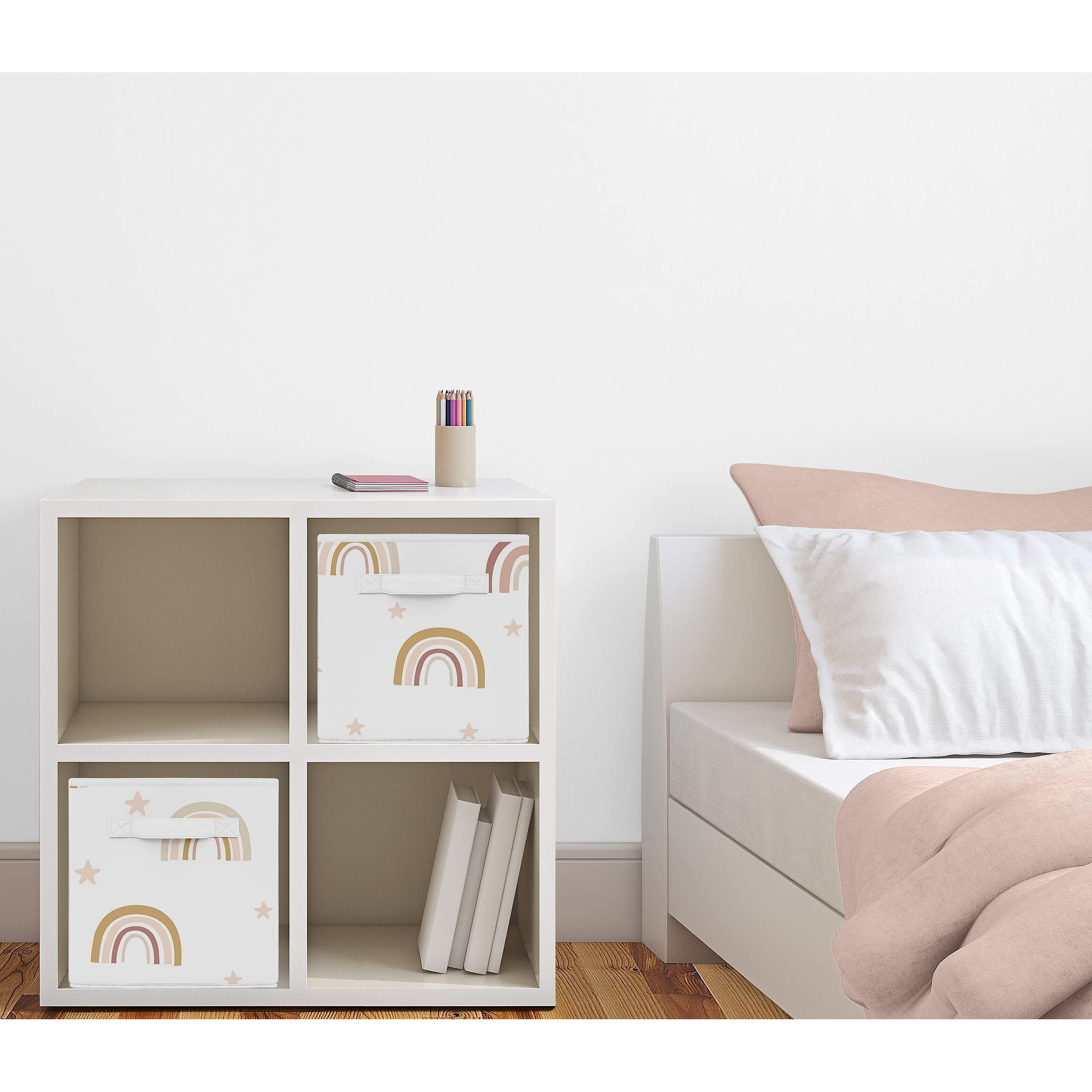 Sweet Jojo Designs Boho Rainbow Foldable Fabric Storage Cube Bins Boxes Organizer Toys Kid Baby Children - Set Of 2 - Blush Pink Dusty Rose Gold Yellow Mauve Taupe Beige Bohemian Stars Sun Celestial
