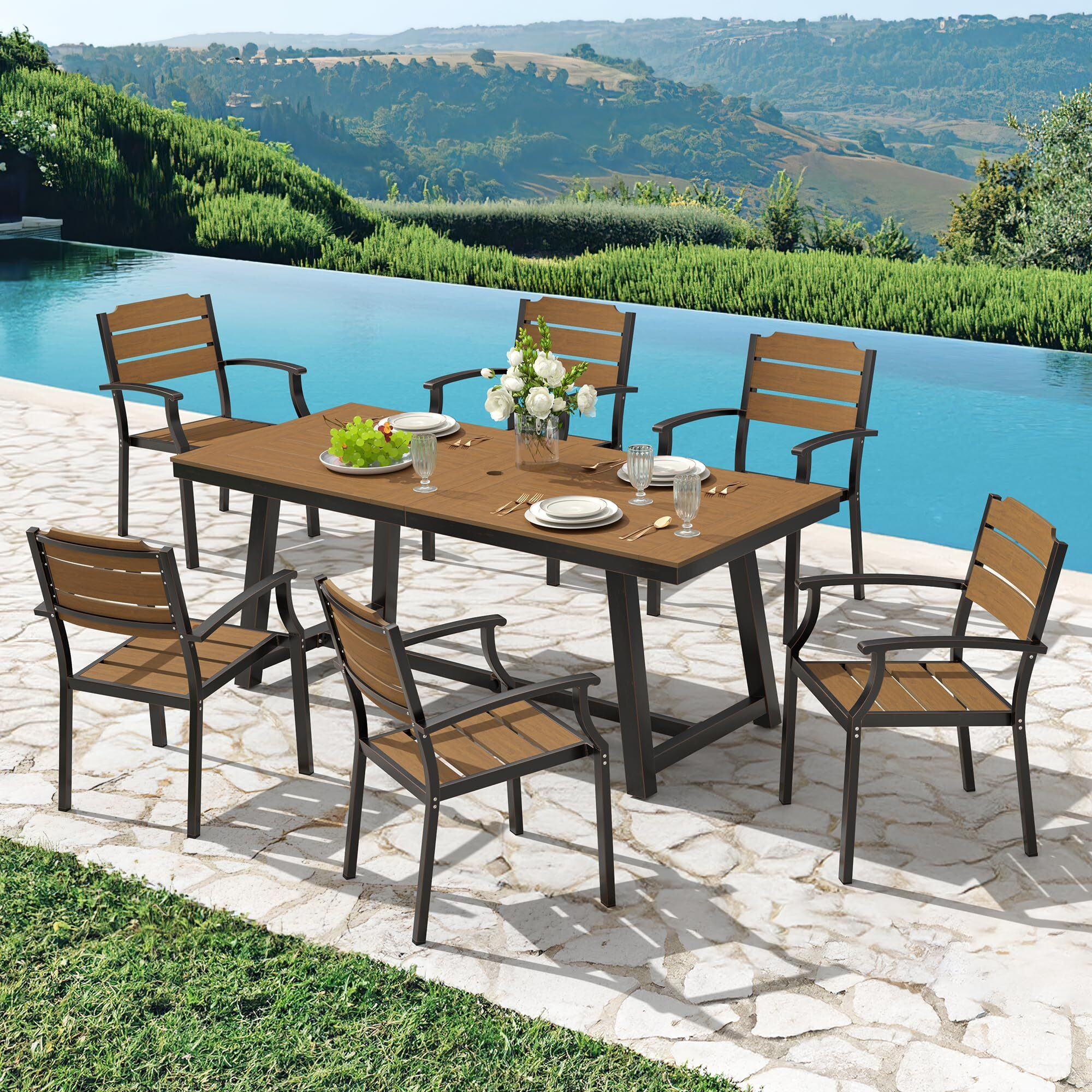 Cozyman Patio Table And Chairs Set, Patio Furniture Set, 7-Piece, Hdps All-Weather Material Outdoor Dining Set, Outdoor Furniture Set With Umbrella Hole, Brown-Oil Printed