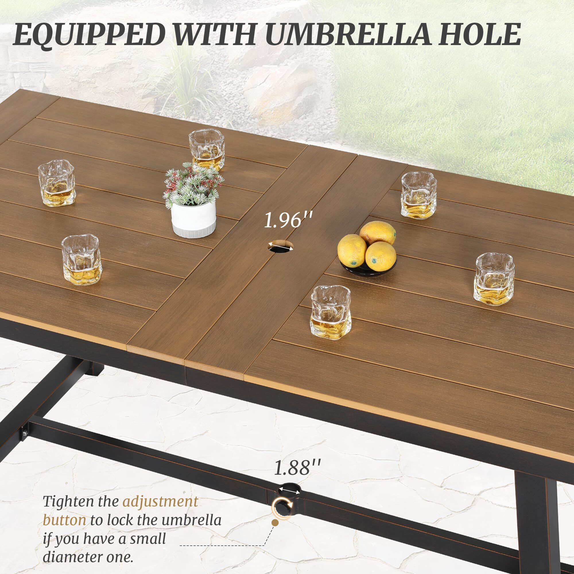 Cozyman Patio Table And Chairs Set, Patio Furniture Set, 7-Piece, Hdps All-Weather Material Outdoor Dining Set, Outdoor Furniture Set With Umbrella Hole, Brown-Oil Printed