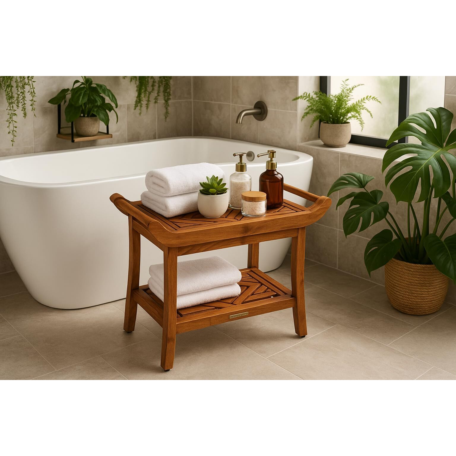 Luxury Teak Shower Bench Stool Seat Chair With Leveling Feet, Waterproof, Teak Oil Finish, Large, 25X19X14, For Bathroom, Spa, Sauna, Pool Deck, Patio, Garden, Rv, From Our Diamond Collection