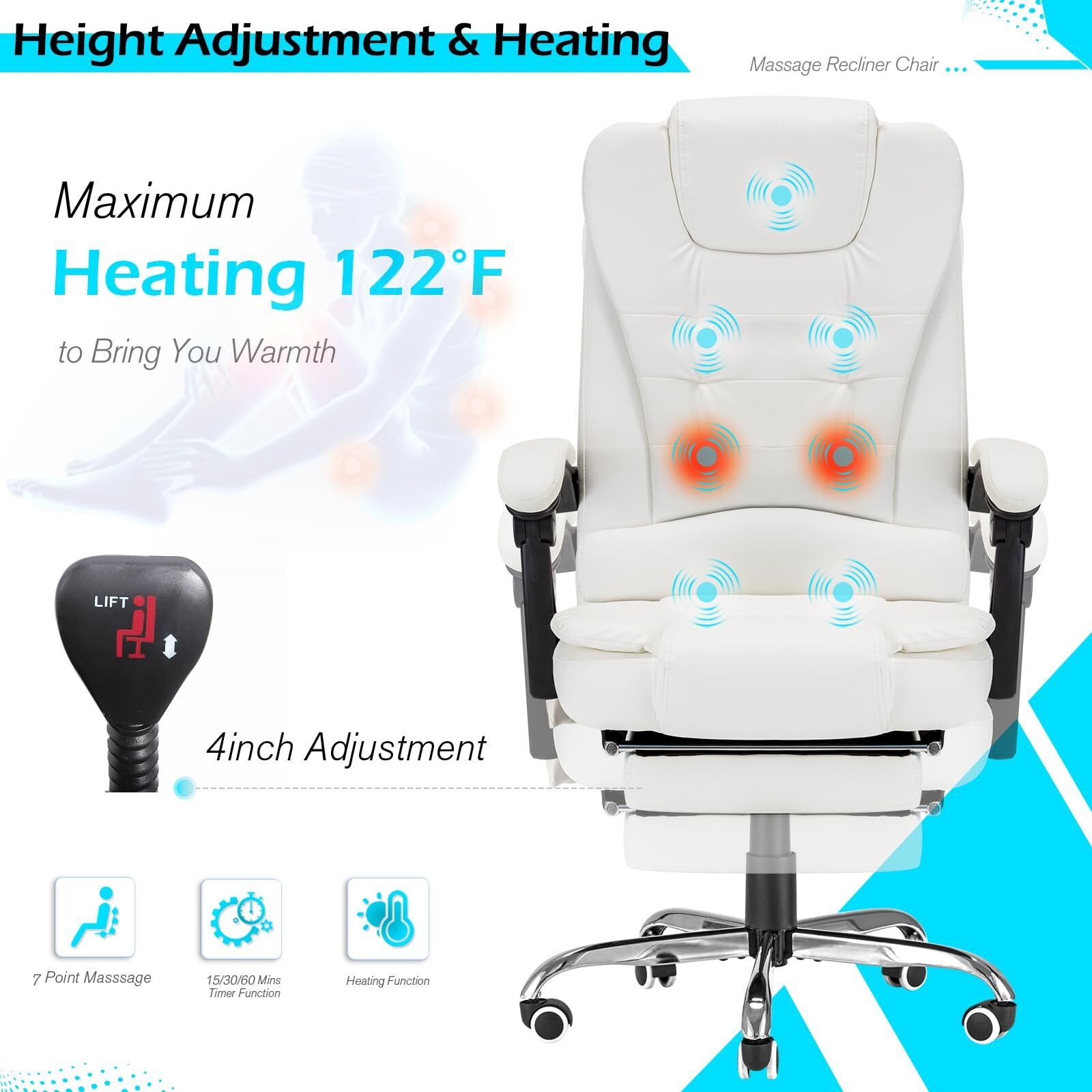 Yodolla Ergonomic Reclining Office Chair With 7 Massage Points And Heat Function, Executive Home Desk Chair W/Retractable Footrest, High Back Swivel Computer Chair, Cream White Leather