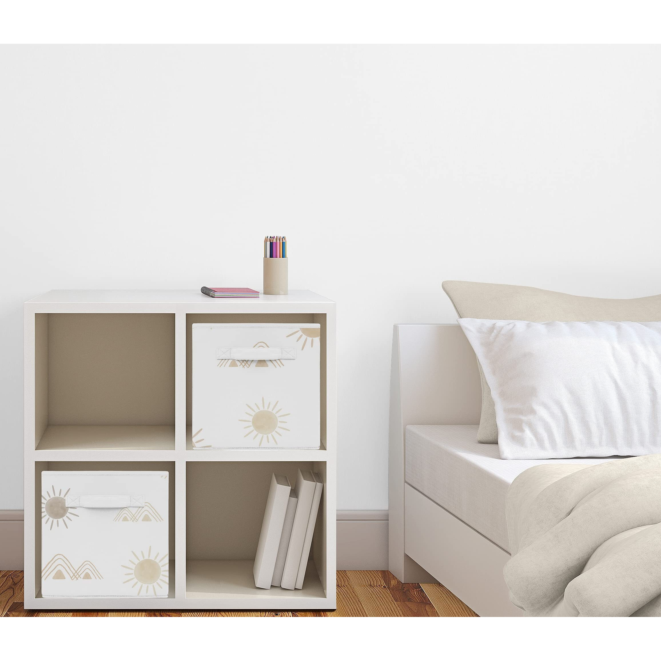 Sweet Jojo Designs Boho Desert Sun Taupe Set Of 2 Foldable Fabric Storage Cube Bins Boxes Organizer Toys Neutral Tan Beige Ivory Gold Off White Bohemian Mountain Nature Outdoors Geometric Sunshine