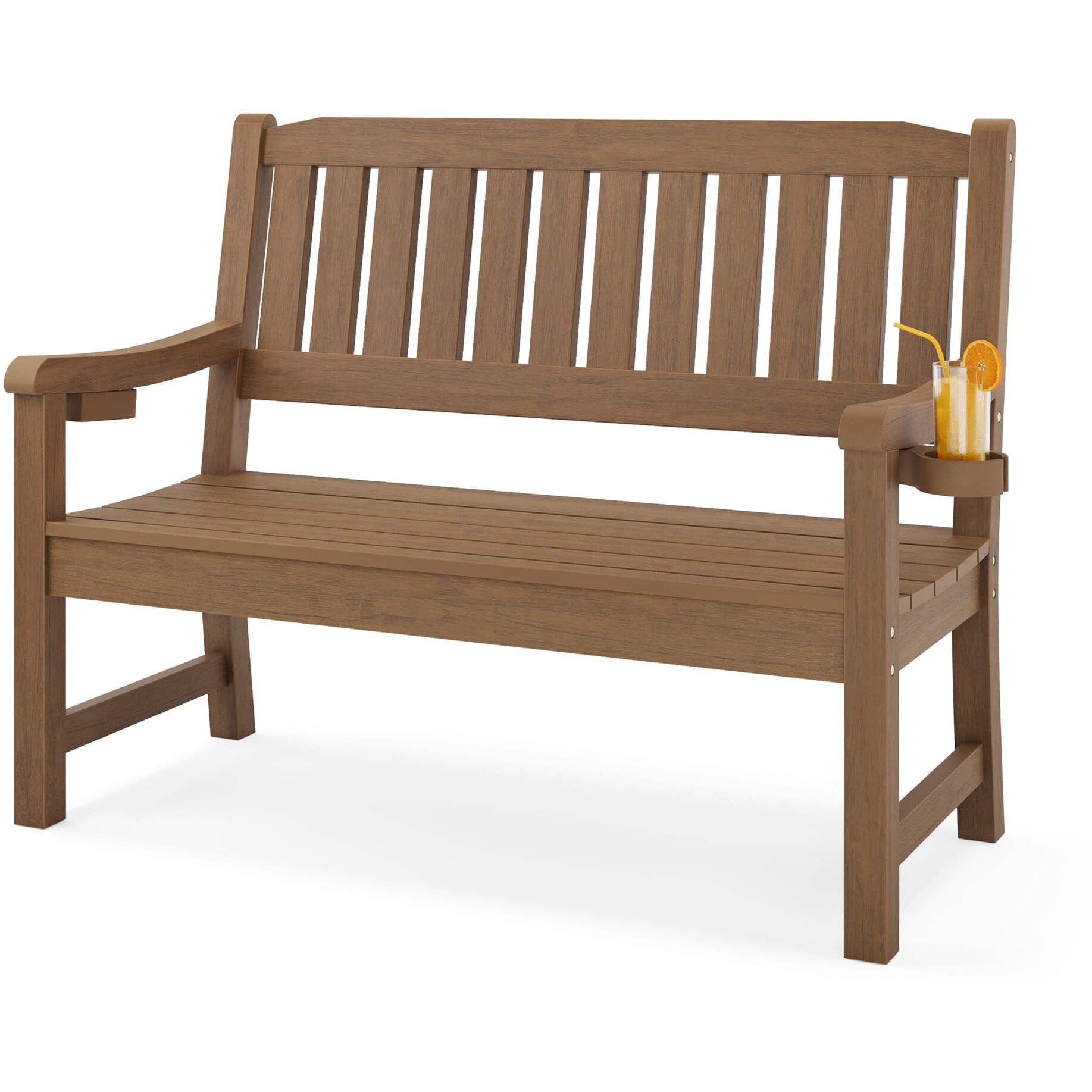 Lue Bona Outdoor Bench, 2-Person Hdps Garden Bench, Outdoor Benches Weatherproof, All-Weather Fade/Rot Resistant Patio Bench For Park, Front Porch, Backyard (Brown-Oil Printed)