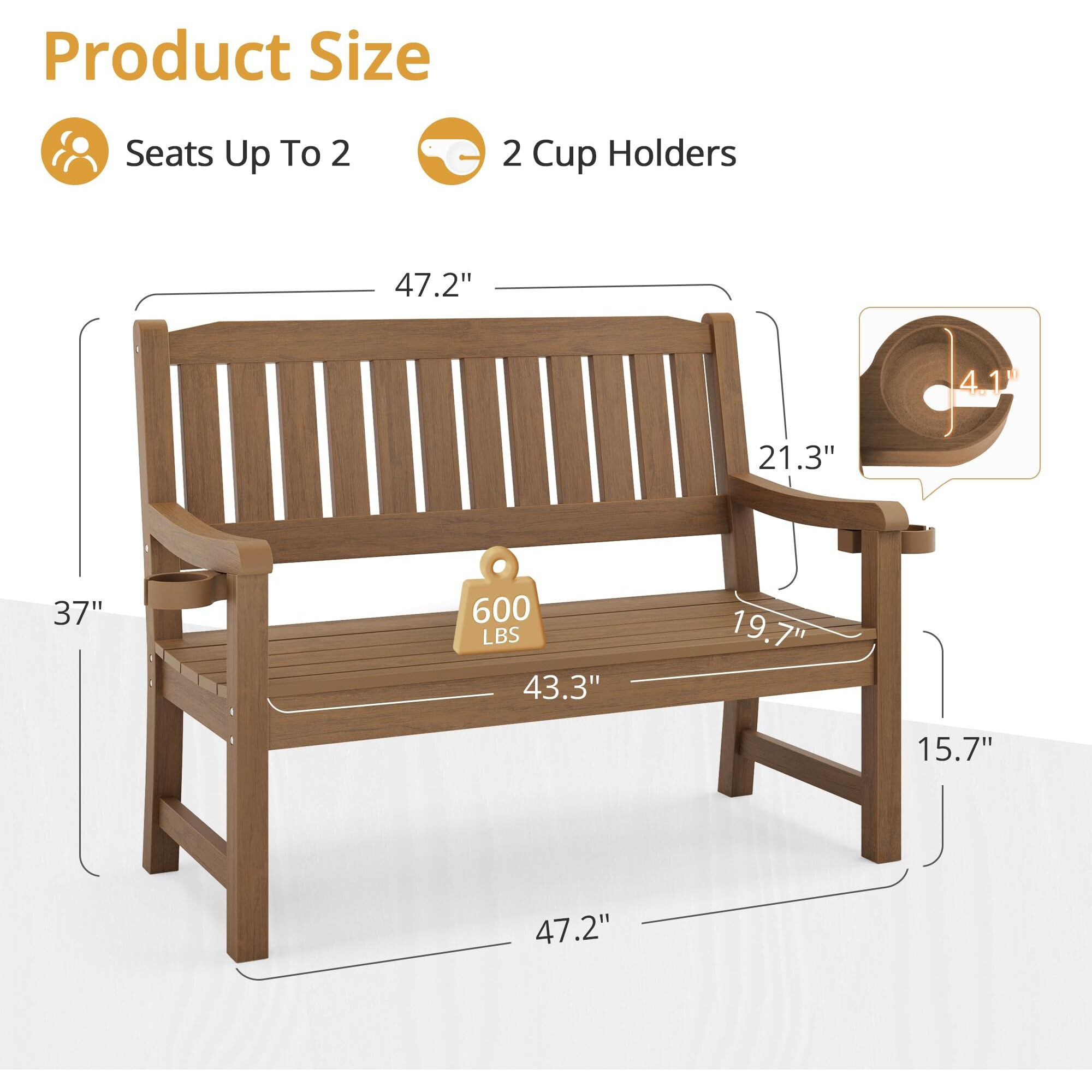 Lue Bona Outdoor Bench, 2-Person Hdps Garden Bench, Outdoor Benches Weatherproof, All-Weather Fade/Rot Resistant Patio Bench For Park, Front Porch, Backyard (Brown-Oil Printed)