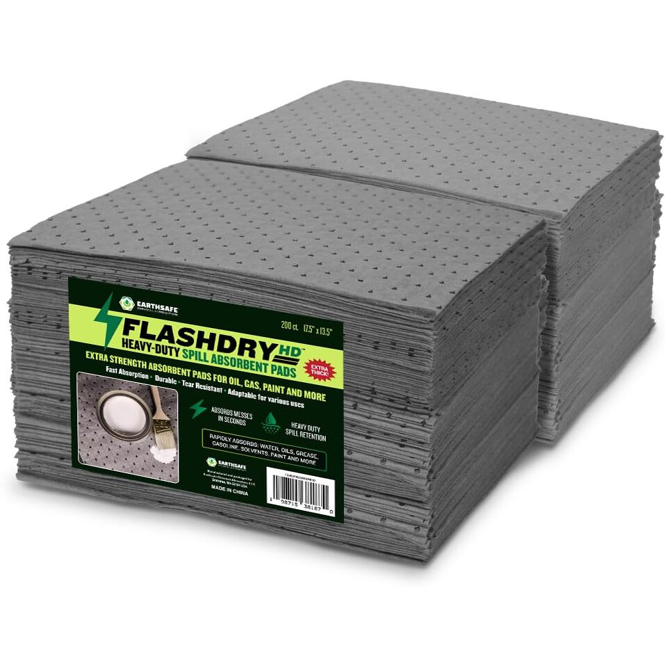 Flashdry Heavy Duty Universal Spill Absorbent Pads - 300Gsm/4Mm (200 Pack, 17.5"&quotX13.5"") - Superior Absorption Pads For Oil & Chemical Spills - Ideal For Garages, Workshops, Factories, Warehouses