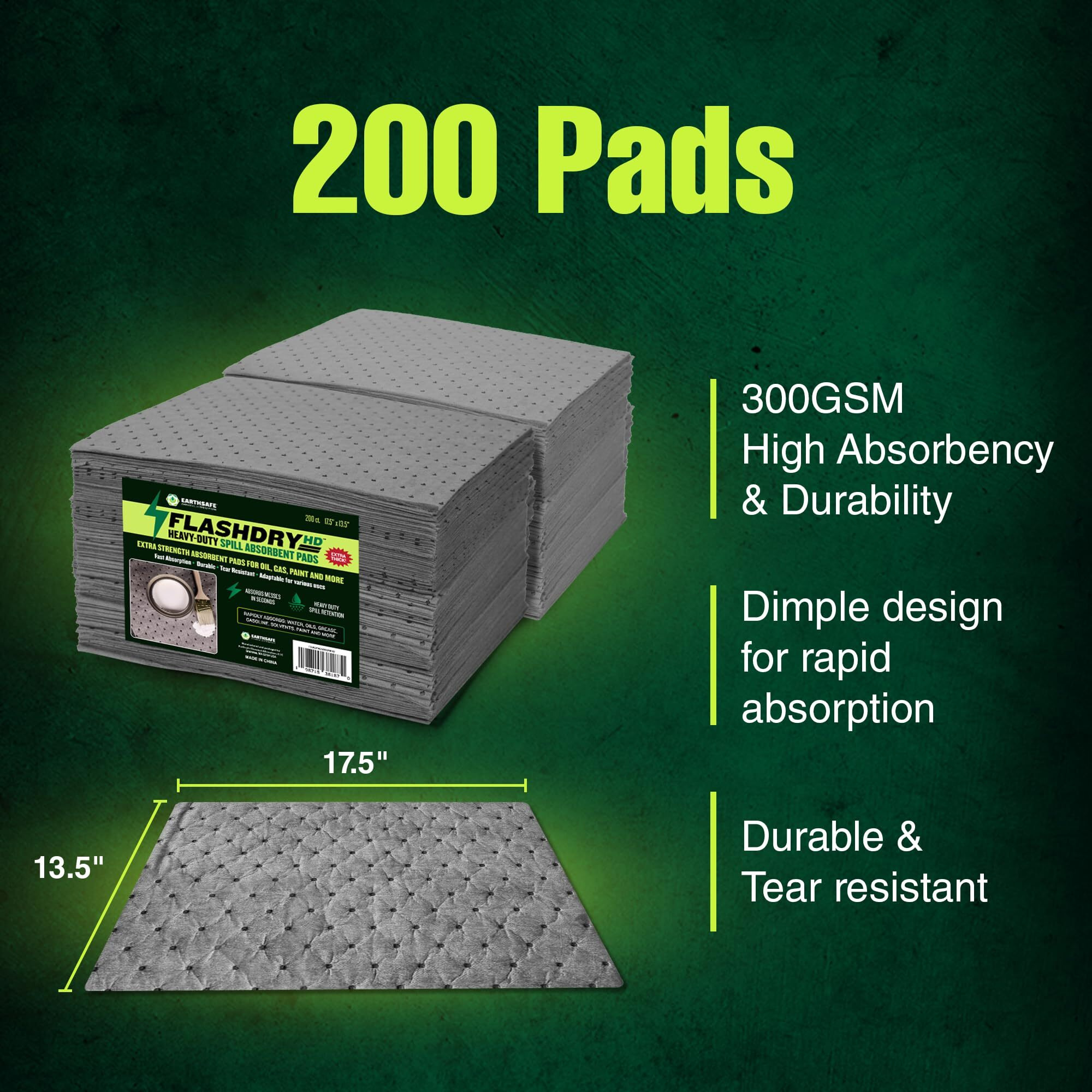 Flashdry Heavy Duty Universal Spill Absorbent Pads - 300Gsm/4Mm (200 Pack, 17.5"&quotX13.5"") - Superior Absorption Pads For Oil & Chemical Spills - Ideal For Garages, Workshops, Factories, Warehouses