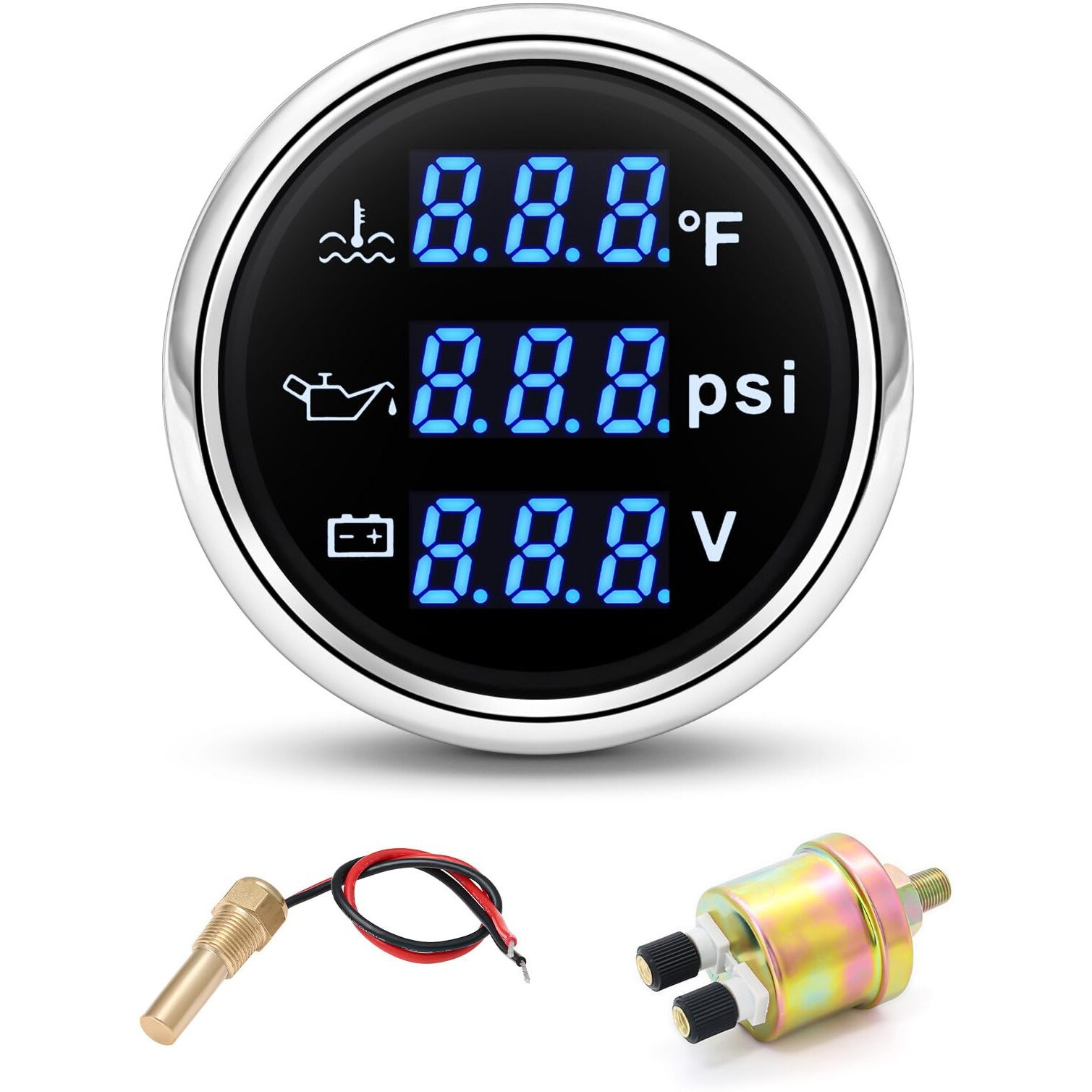 Artilaura Triple Gauge Set 3In1 (Oil Pressure+ Water Temperature + Voltmeter) 2"" 52Mm Blue Backlight Auto Boat Gauge Kit With Sensor (Black And Silver)