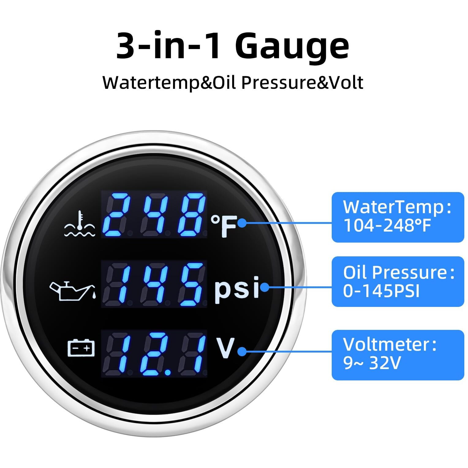Artilaura Triple Gauge Set 3In1 (Oil Pressure+ Water Temperature + Voltmeter) 2"" 52Mm Blue Backlight Auto Boat Gauge Kit With Sensor (Black And Silver)