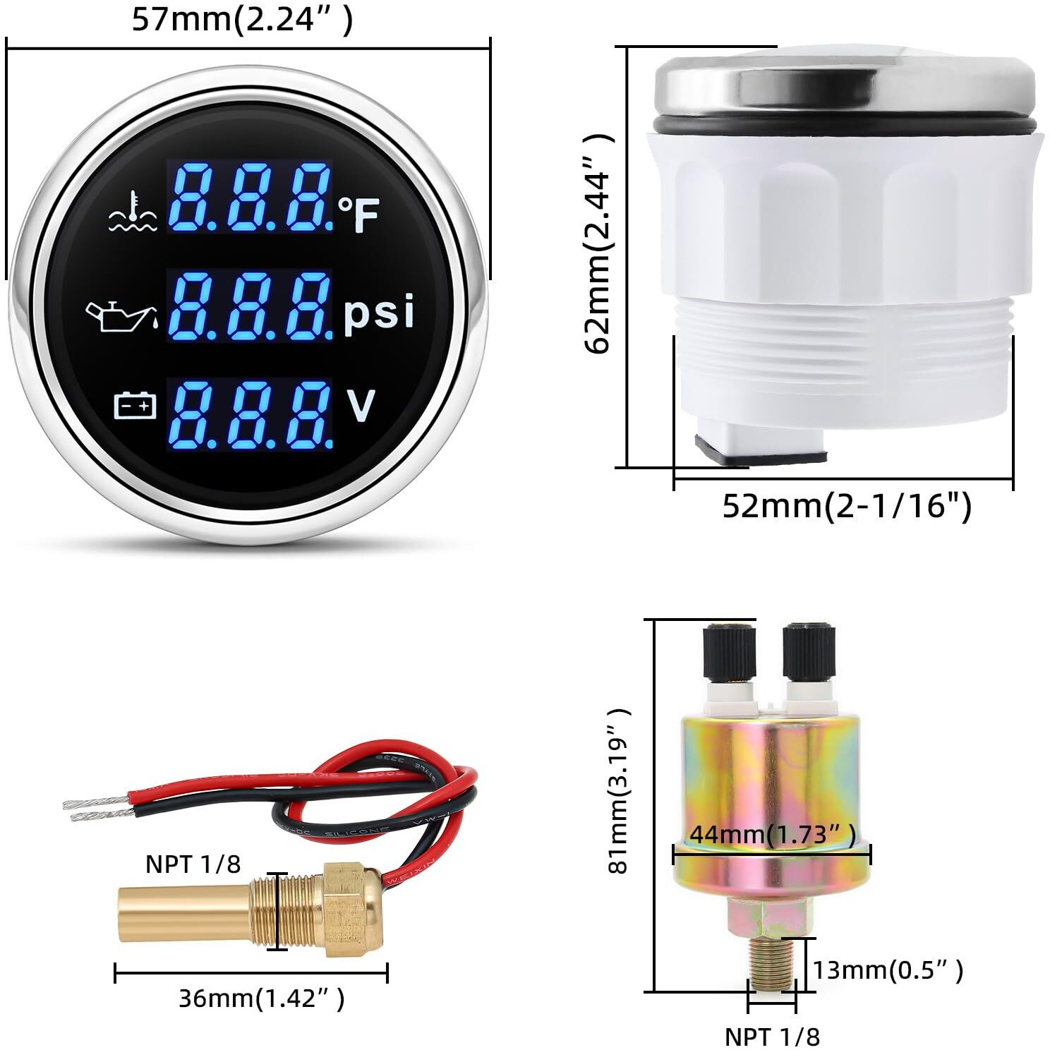 Artilaura Triple Gauge Set 3In1 (Oil Pressure+ Water Temperature + Voltmeter) 2"" 52Mm Blue Backlight Auto Boat Gauge Kit With Sensor (Black And Silver)