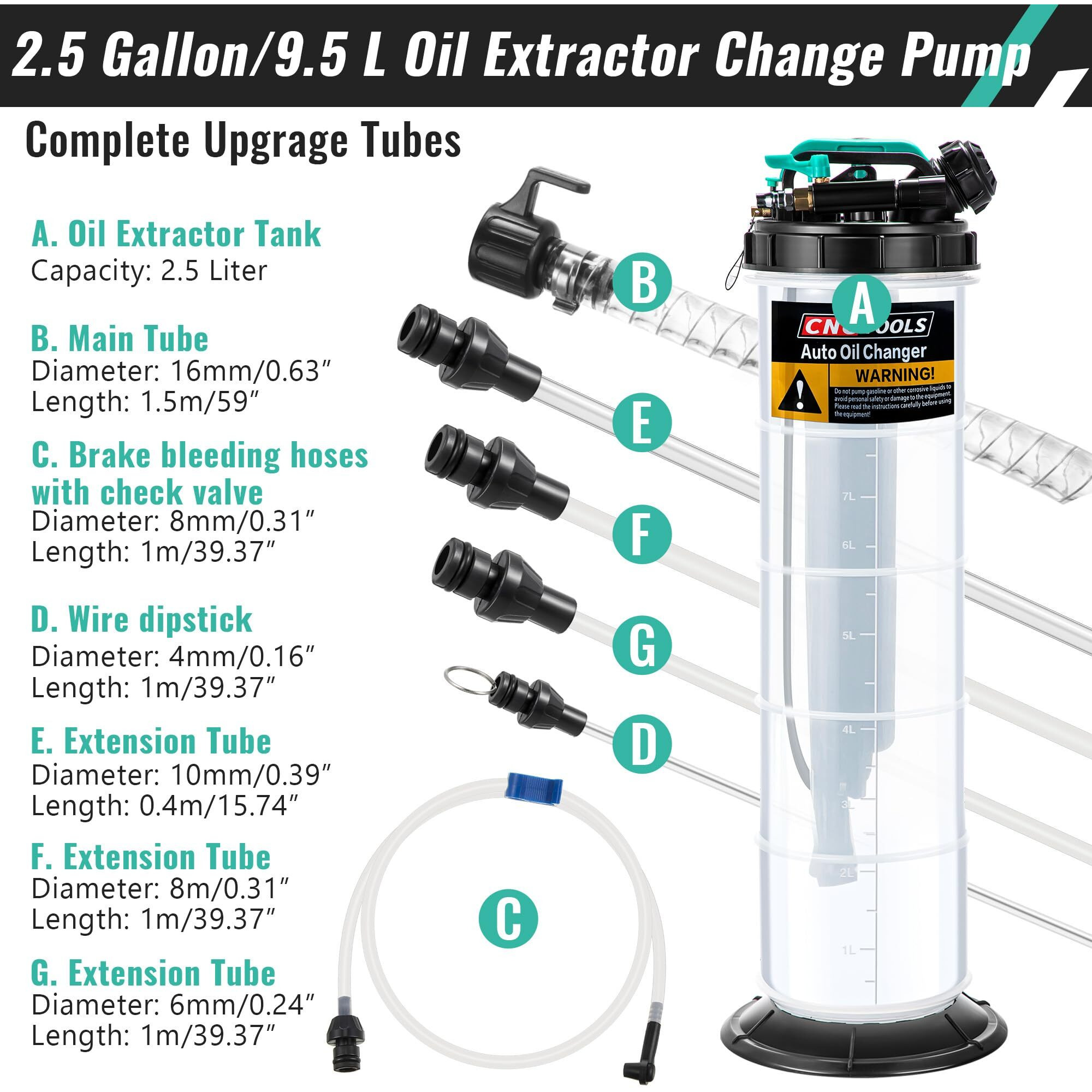 2.5 Gallon/9.5 L Manual Pneumatic Fluid Extractor, Automotive Oil Extractor Pump Oil Vacuum Changer With 5 Pcs Brake Bleeding Hose For Car, Suvs, Truck, Yachts