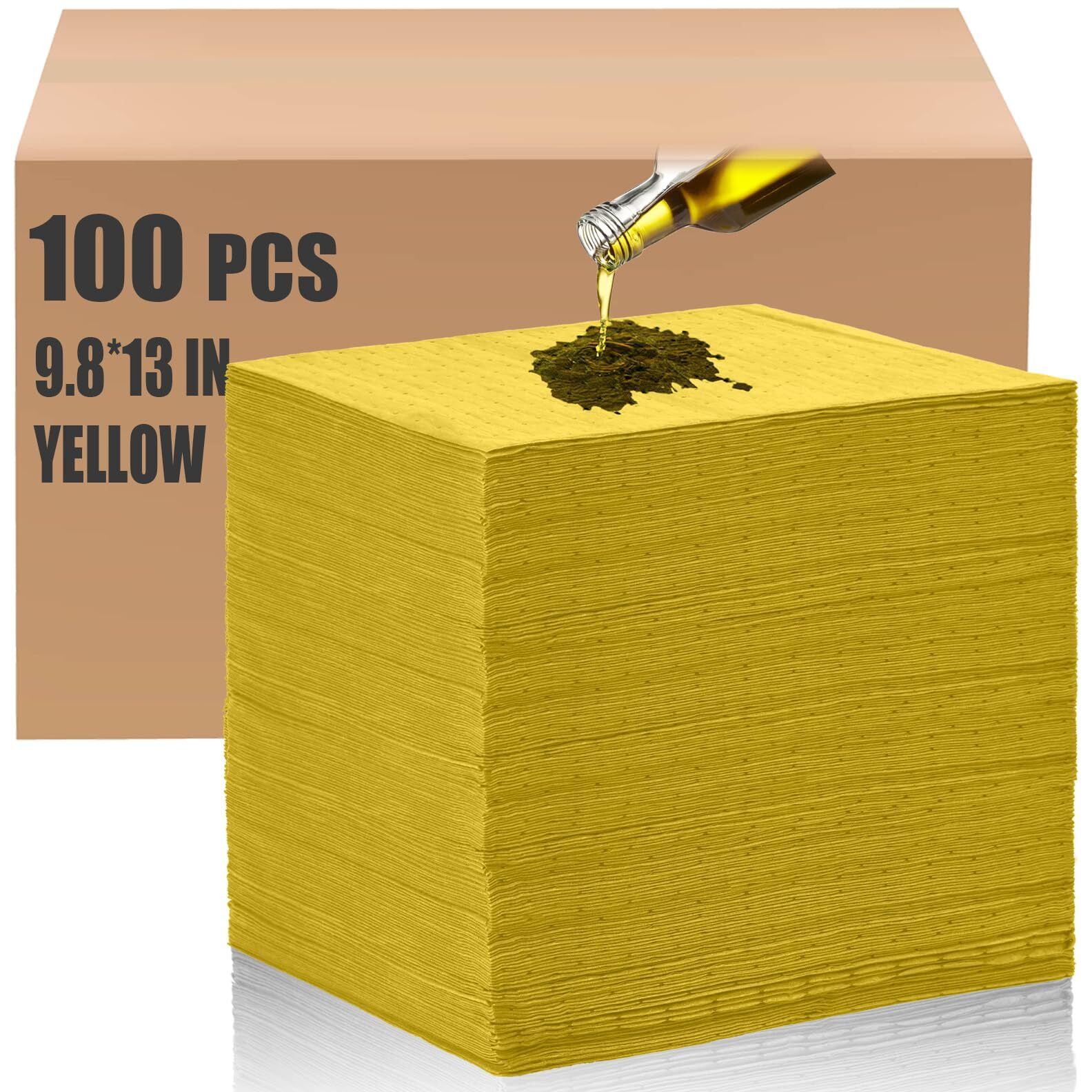 Hoolerry 100 Pcs Oil Absorbent Pads Weight Dimpled Pad Garage Accessories Water Absorbent Mat Oil Spill Mat For Absorbing Protecting Home Garage Basement (9.8 X 13 Inch,Yellow)