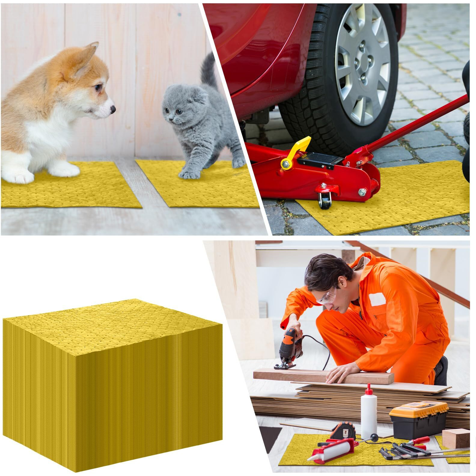 Hoolerry 100 Pcs Oil Absorbent Pads Weight Dimpled Pad Garage Accessories Water Absorbent Mat Oil Spill Mat For Absorbing Protecting Home Garage Basement (9.8 X 13 Inch,Yellow)