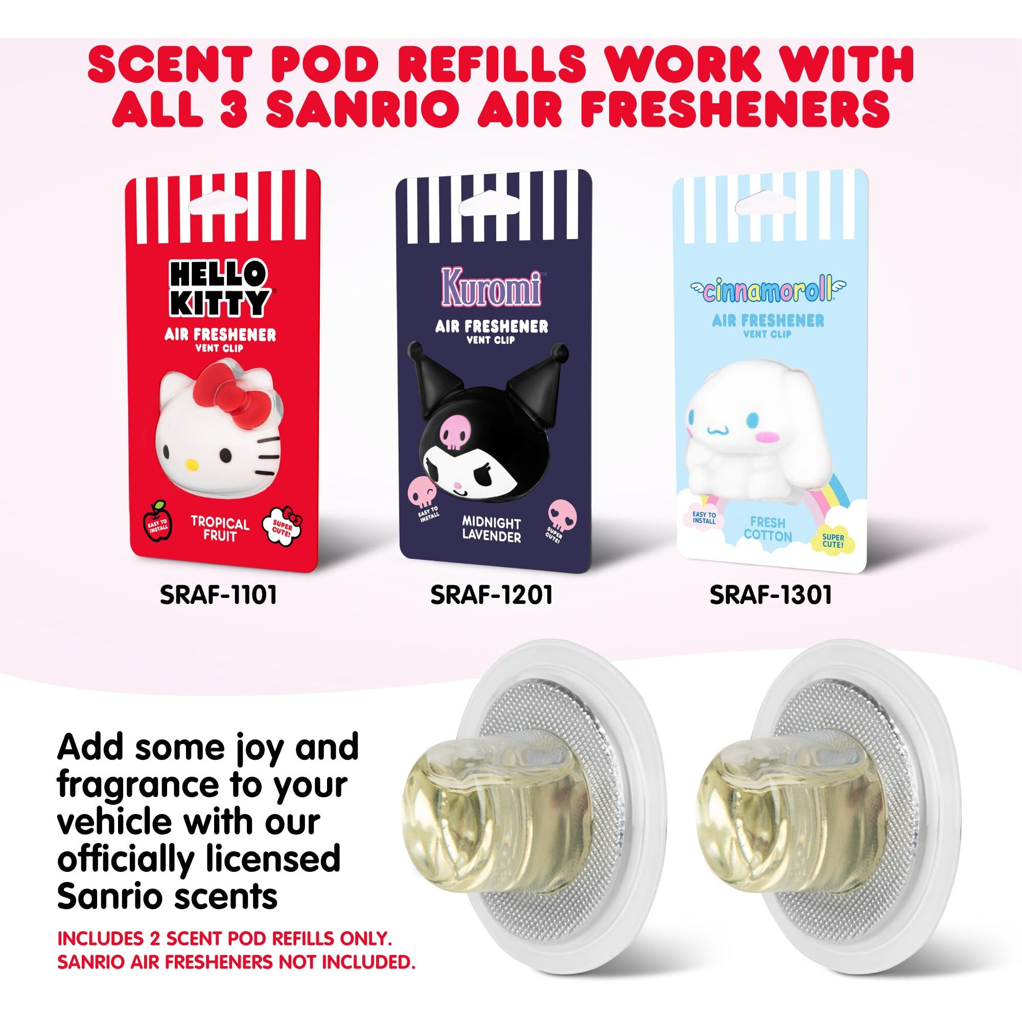 Sanrio Hello Kitty Car Air Freshener Scented Oil Pod Refills, Hello Kitty And Friends Cute Car Accessories For Women, Tropical Fruit, 2Ct
