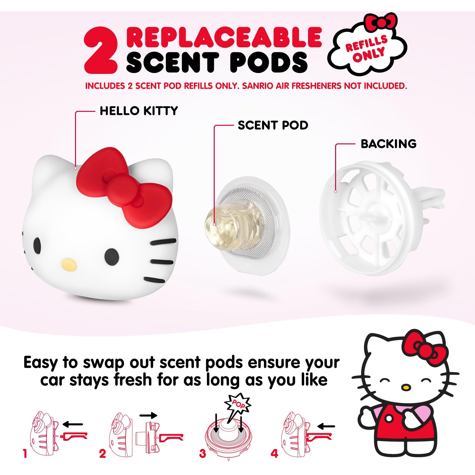 Sanrio Hello Kitty Car Air Freshener Scented Oil Pod Refills, Hello Kitty And Friends Cute Car Accessories For Women, Tropical Fruit, 2Ct