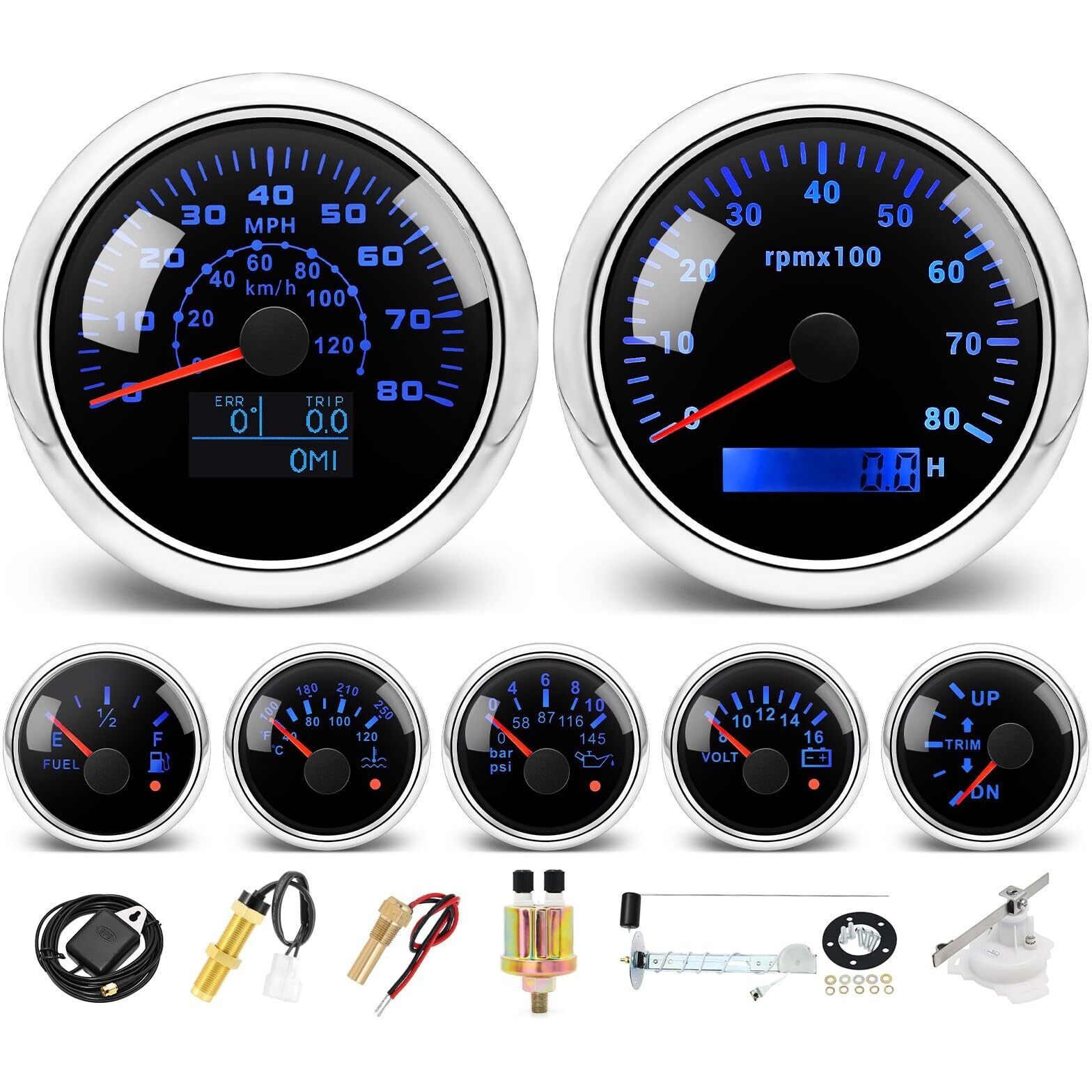 Mh 7 Boat Gauge Set - 3-3/8"" Gps Speedometer, Tachometer, 2-1/16"" 52Mm Oil Pressure Gauge,Fuel Level,Water Temperature,Voltmeter,Trim Marine Meter Kit Waterproof 7 Color For Auto (Black And Silver)