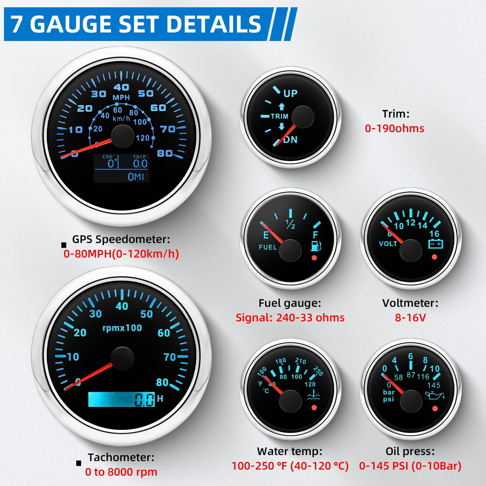 Mh 7 Boat Gauge Set - 3-3/8"" Gps Speedometer, Tachometer, 2-1/16"" 52Mm Oil Pressure Gauge,Fuel Level,Water Temperature,Voltmeter,Trim Marine Meter Kit Waterproof 7 Color For Auto (Black And Silver)