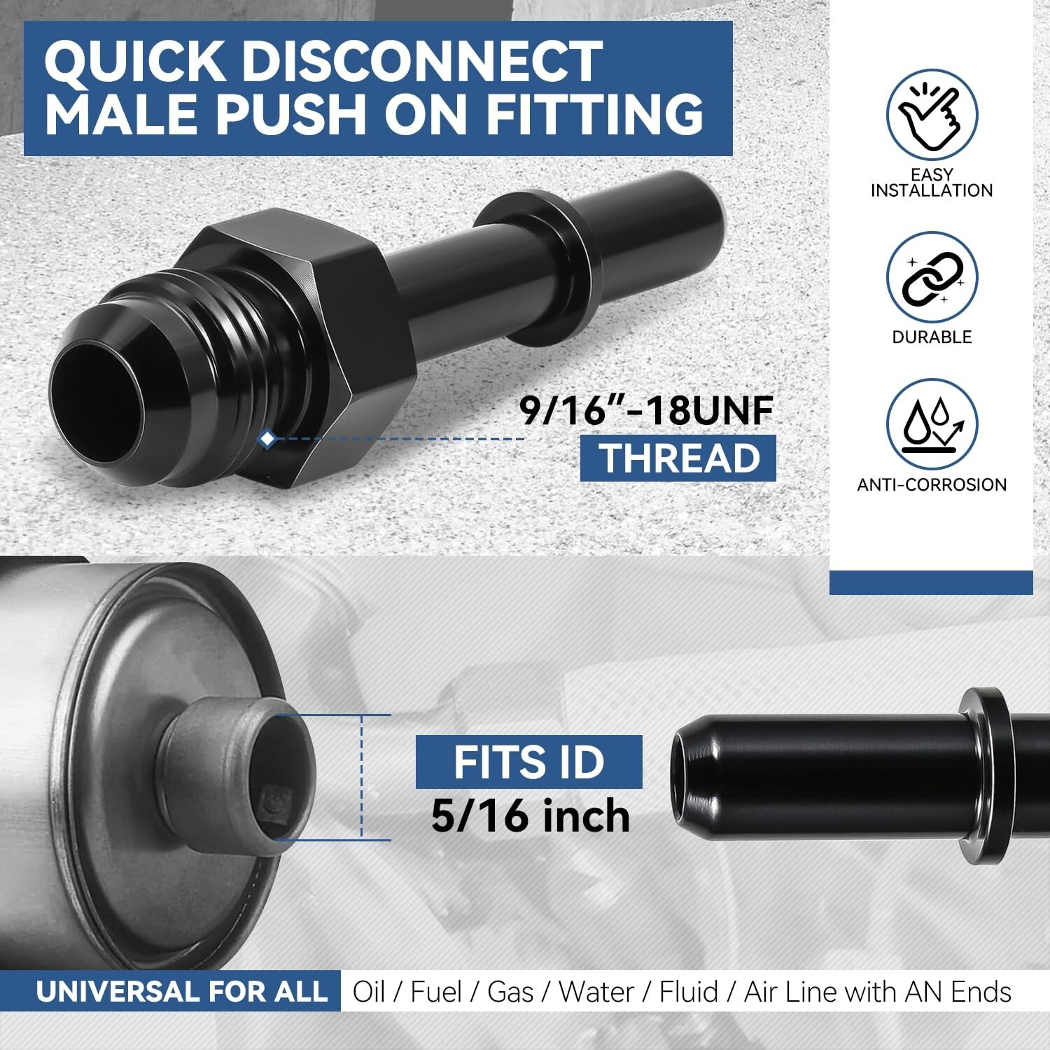 Auto Dynasty 6An An-6 Male To 5/16 Inches Straight Quick Disconnect Push-On Fuel Line Efi Adapter Fitting Universal For Oil/Fuel/Air Line, Black Anodized Aluminum