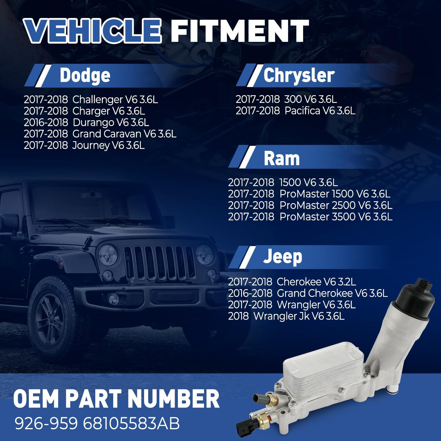 926-959 Upgrade Aluminum Engine Oil Cooler Oil Filter Housing For 2017-2018 Jeep Wrangler Grand Cherokee Dodge Challenger Charger Journey Caravan Durango Chrysler 200 300 Town Country Ram 3.6L 926-876