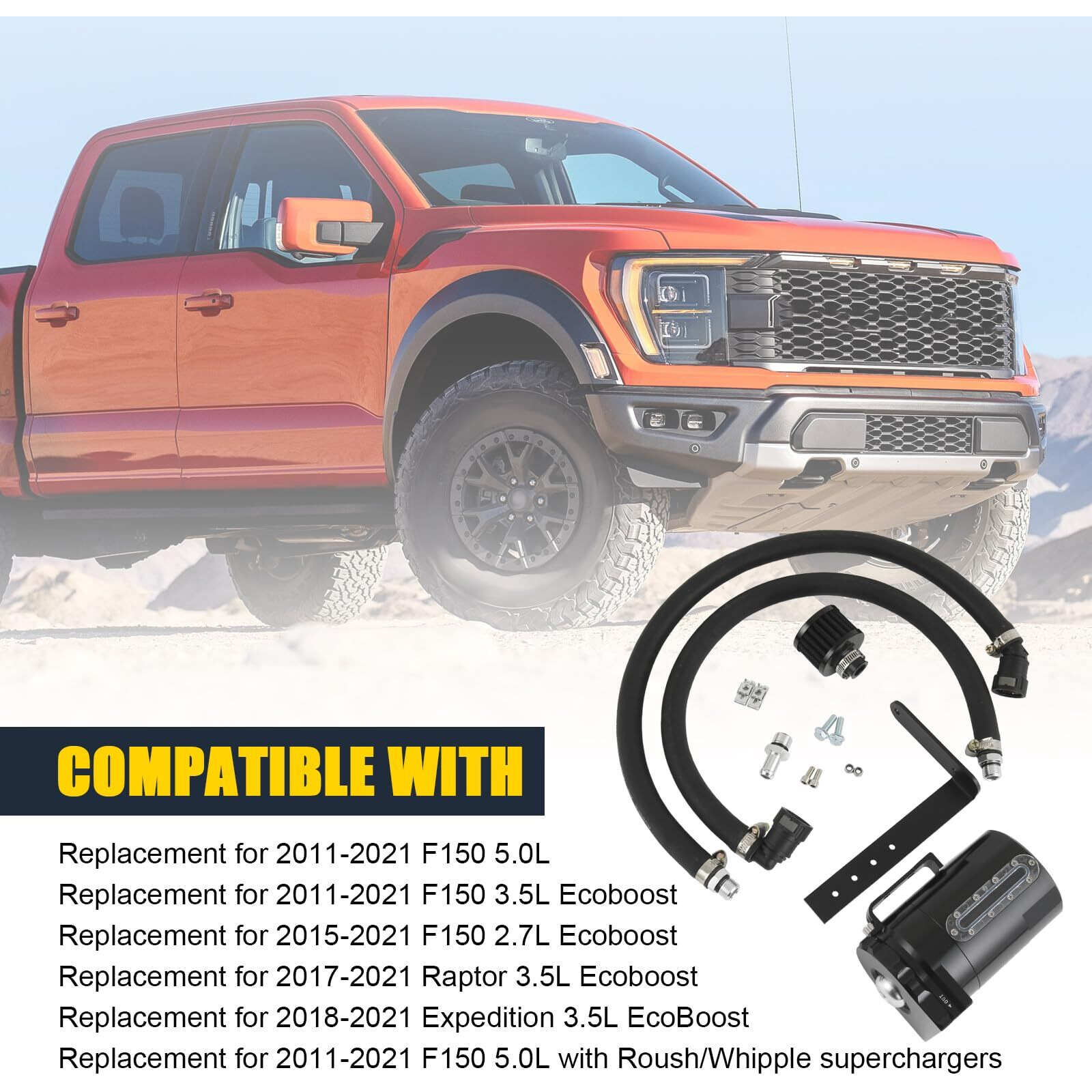 Oil Catch Can Passenger Side Oil Separator Tank With Sight Glass Fit For Ford F150 5.0L/2.7Eb/3.5Eb 2011-2021, Raptor 3.5L Ecoboost 2017-2021, Expedition 3.5L Ecoboost 2018-2021 (With Breather Filter)