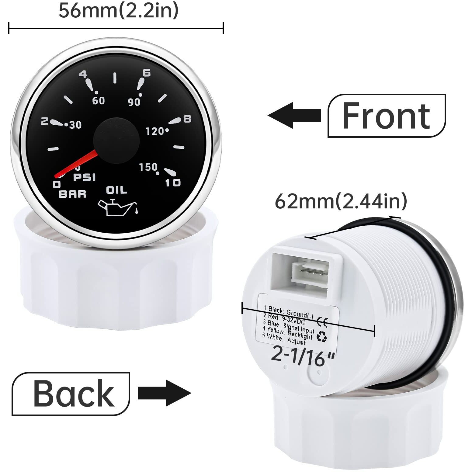 Artilaura Oil Pressure Gauge Electric 2-1/16"" 52Mm 0-150 Psi 0-10Bar Boat Meter 7 Color For Auto Car Truck Marine (Black)