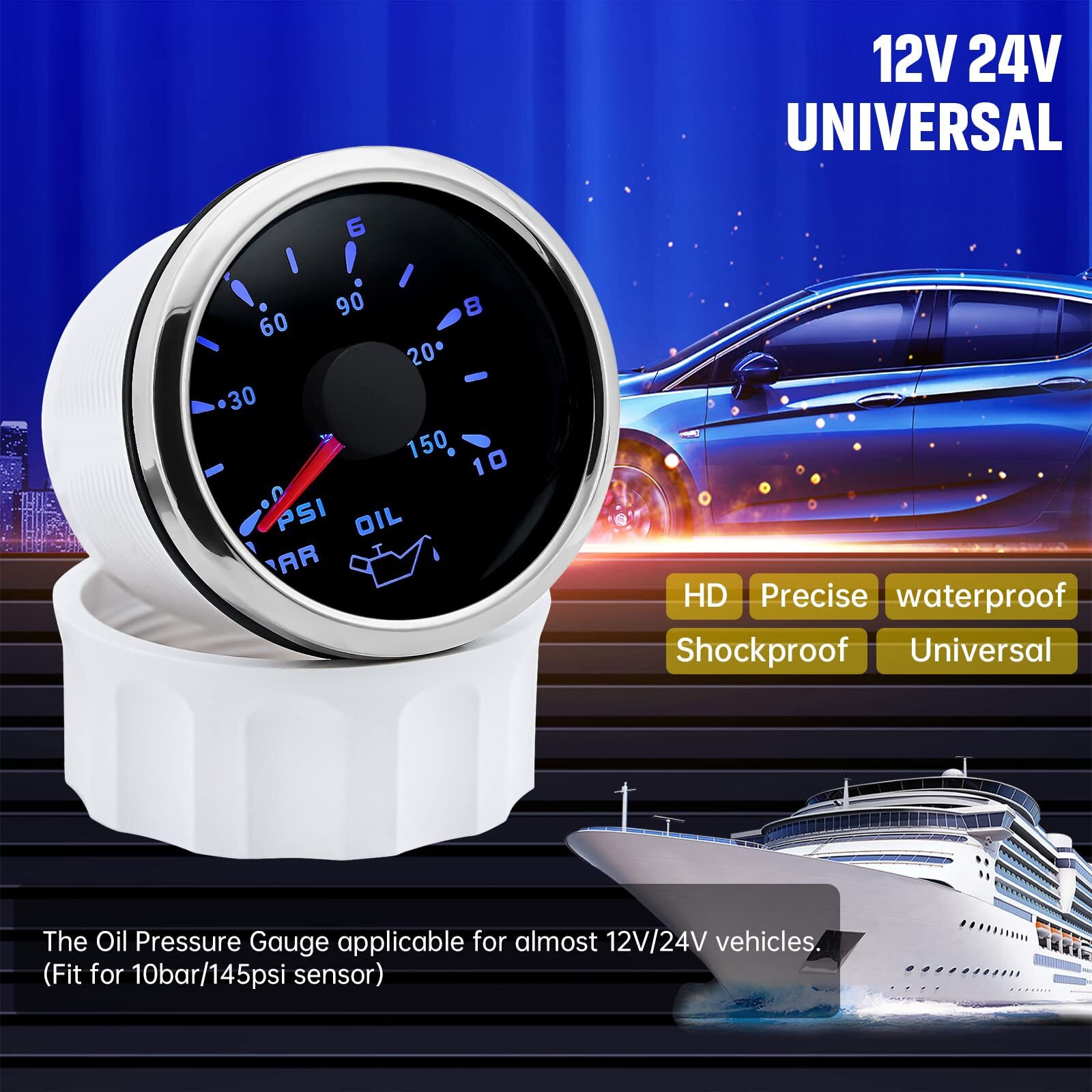 Artilaura Oil Pressure Gauge Electric 2-1/16"" 52Mm 0-150 Psi 0-10Bar Boat Meter 7 Color For Auto Car Truck Marine (Black)