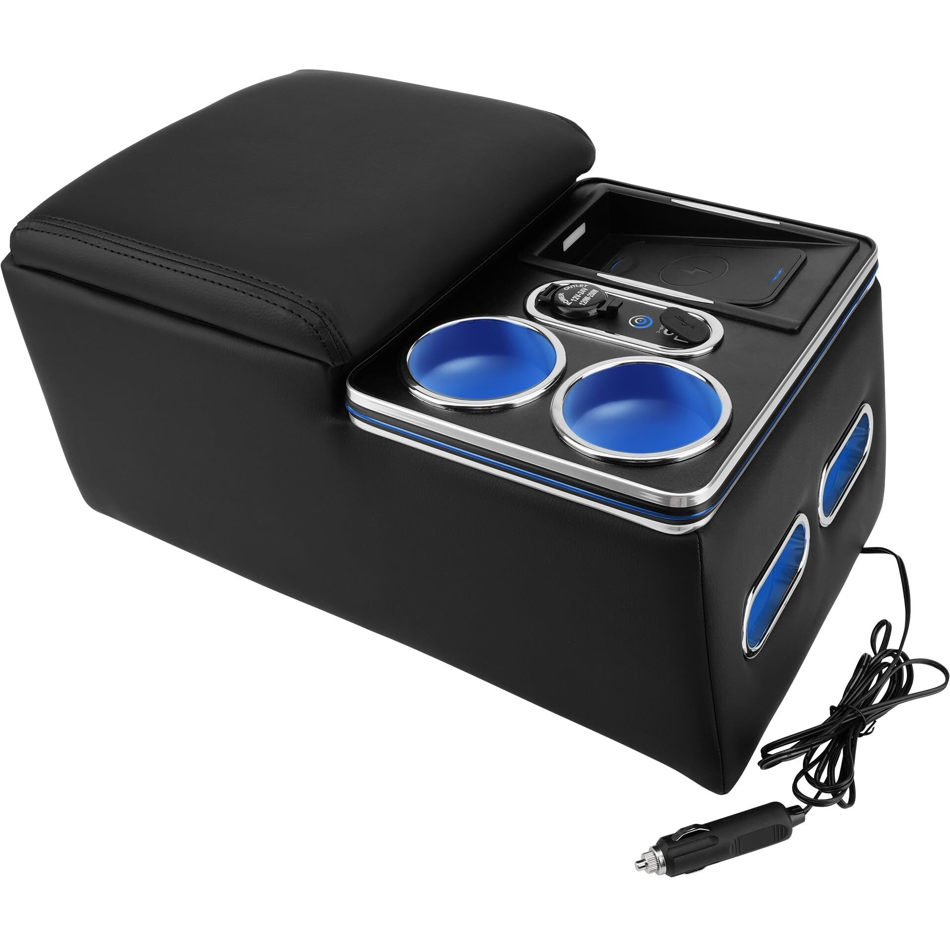Tengbase Center Console Organizer, Wireless Charging Phone Holder And Cup Holder For Cars And Trucks, Practical And Comfortable Car Center Console Storage Box, Led Light And Premium Leathe