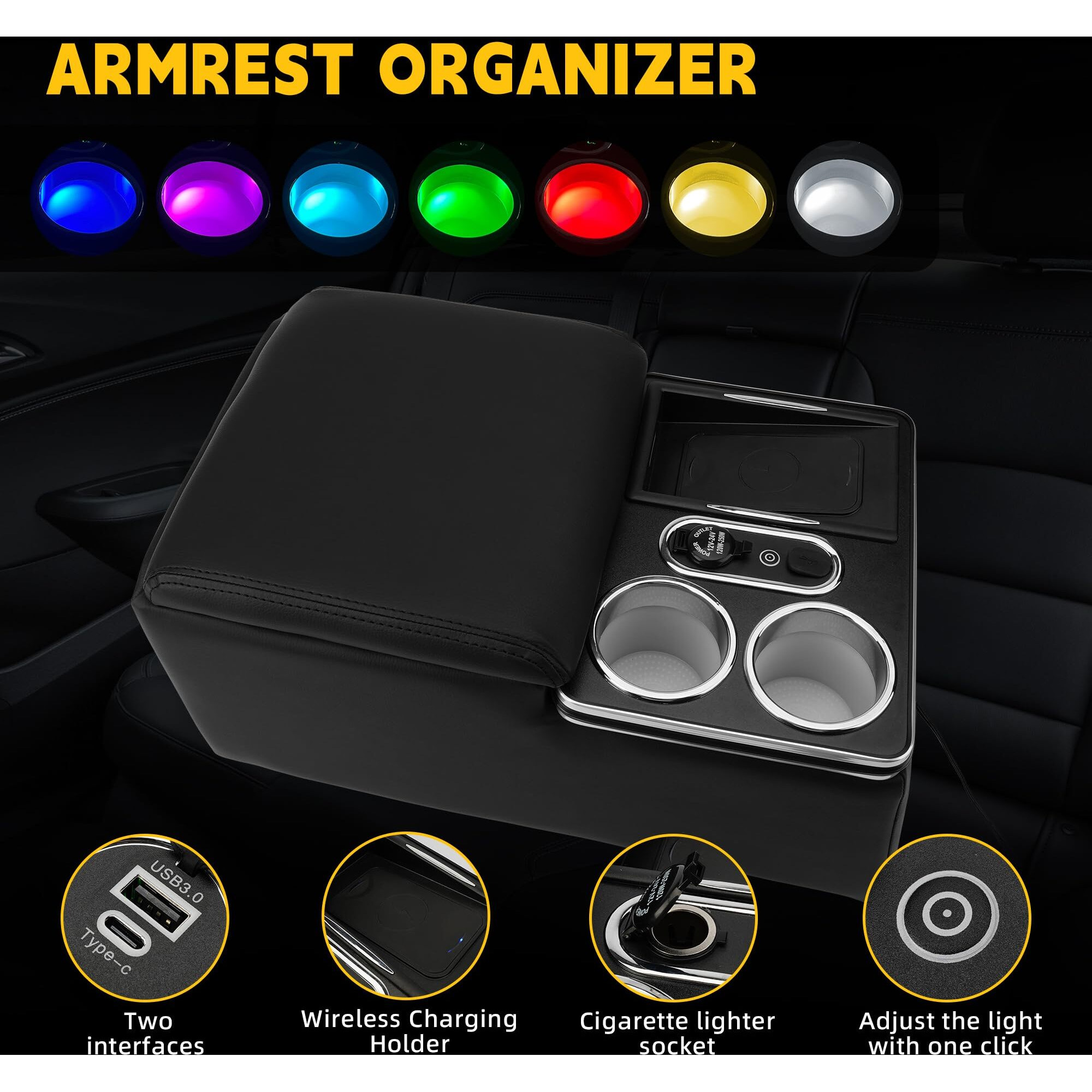 Tengbase Center Console Organizer, Wireless Charging Phone Holder And Cup Holder For Cars And Trucks, Practical And Comfortable Car Center Console Storage Box, Led Light And Premium Leathe